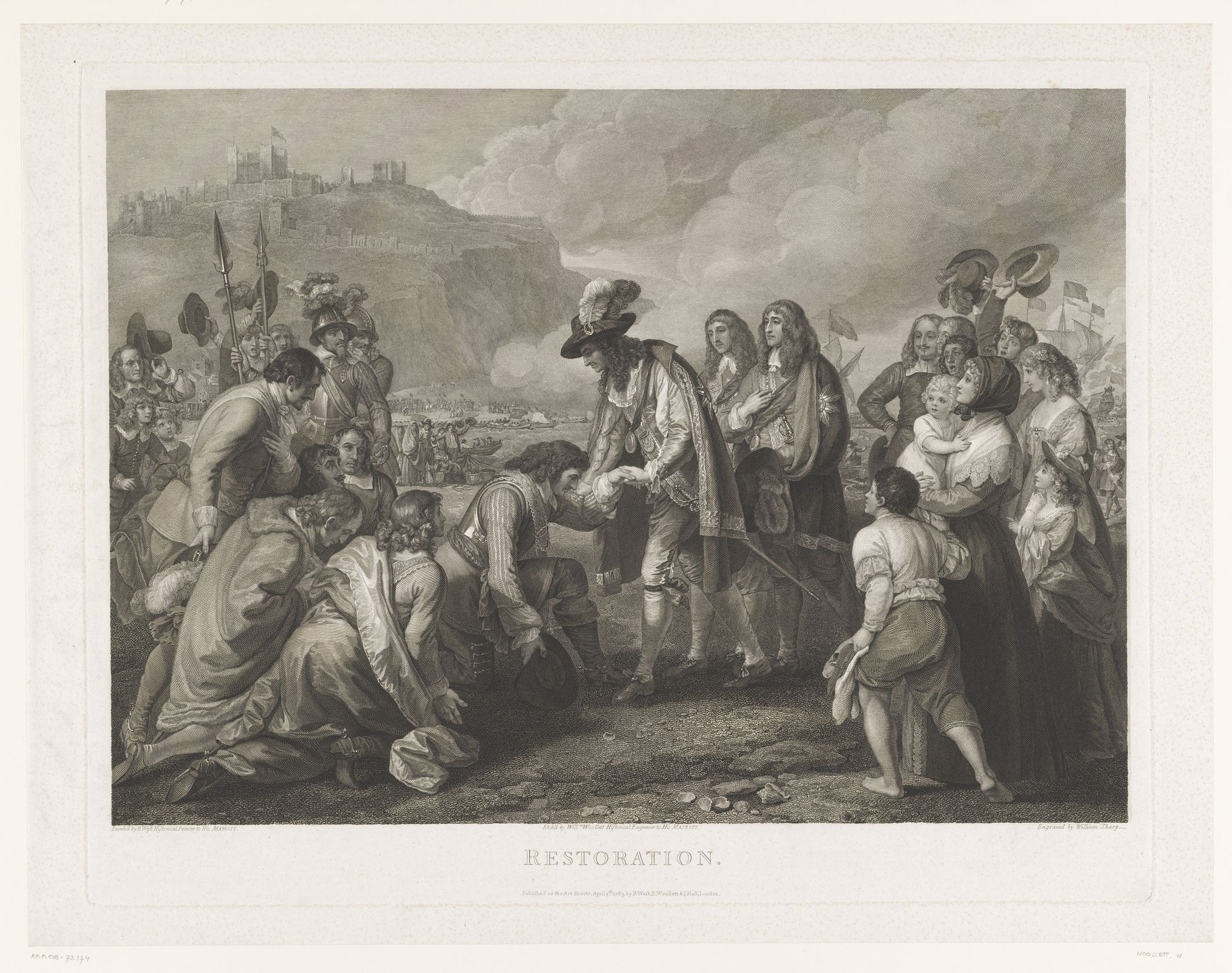 Karel II van Engeland arriveert op het strand bij Dover, 25 mei 1660 by William Woollett
