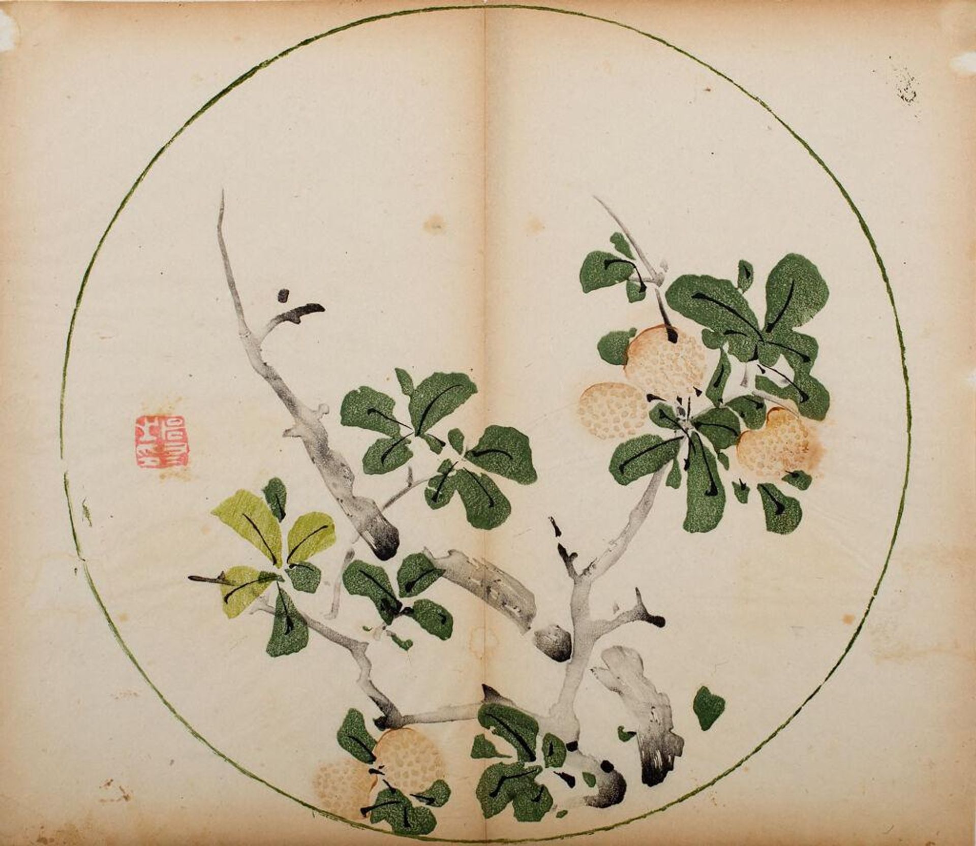 Fruiting Branch in Circular Fan Shape -- Illustration from the Ten Bamboo Studio Manual of Calligraphy and Painting (Shizhuzhai shuhua pu) by Hu Zhengyan