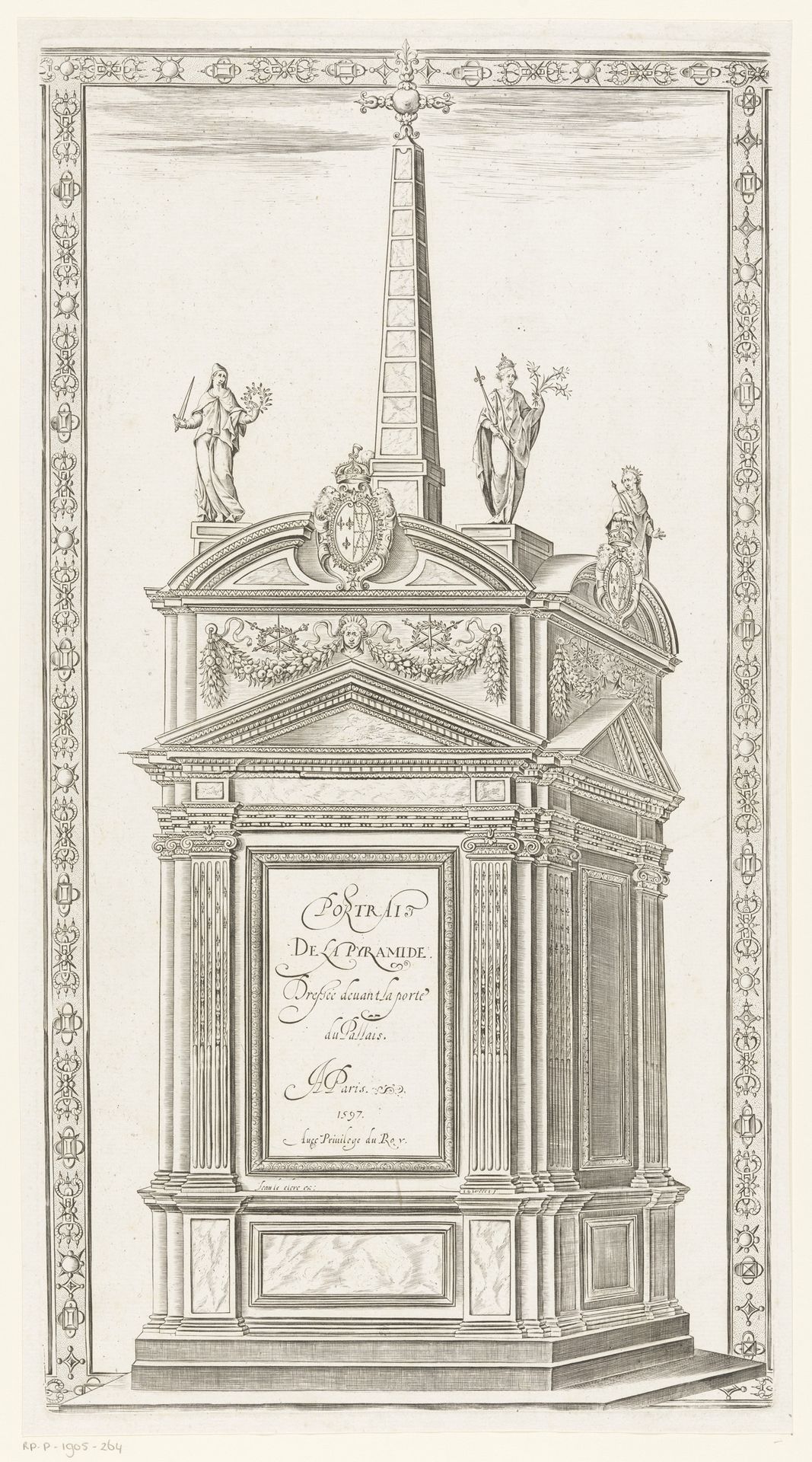 Monument met obelisk en personificaties van de kardinale deugden by Anonymous