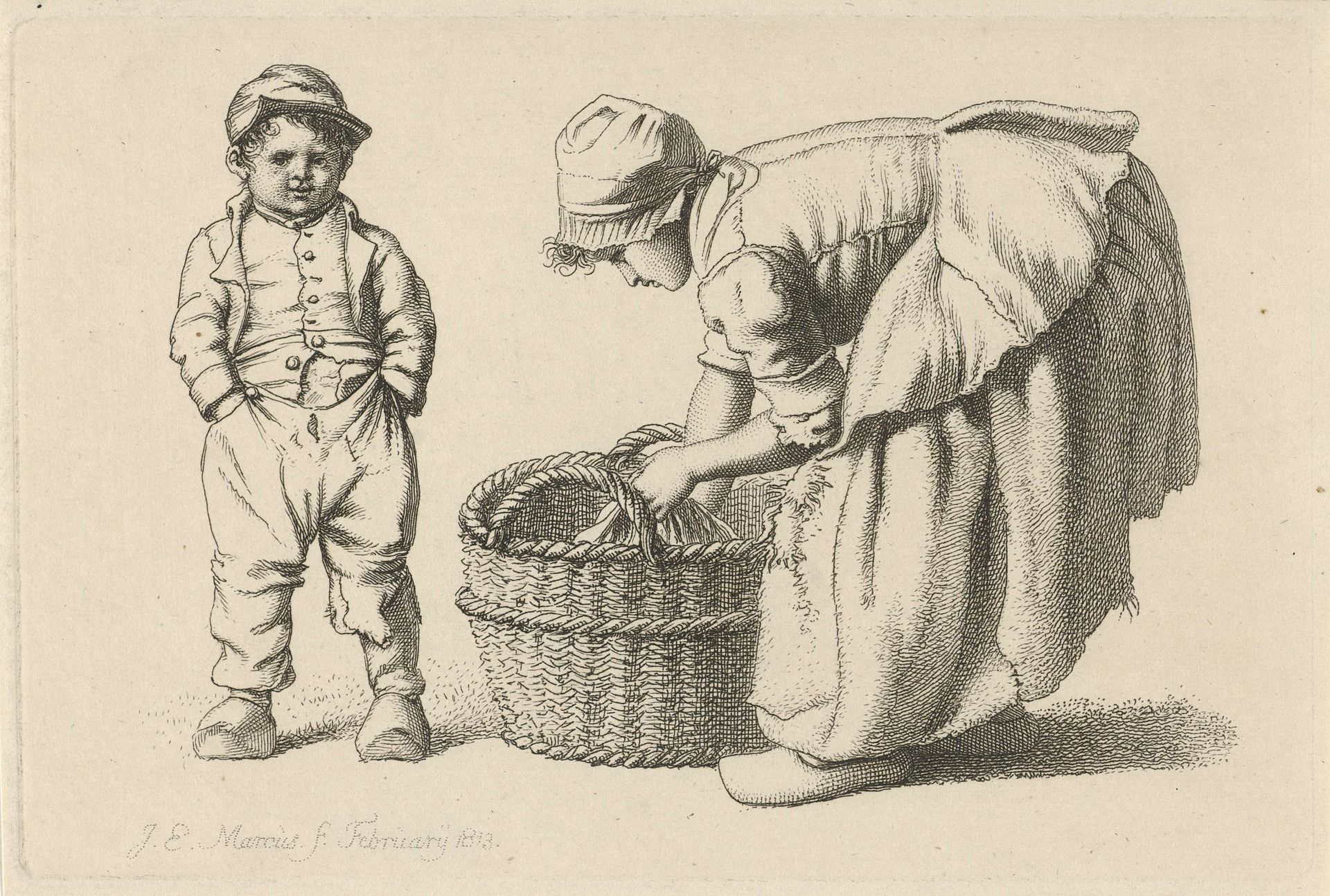 Bukkend meisje bij een mand en een kind by Jacob Ernst Marcus