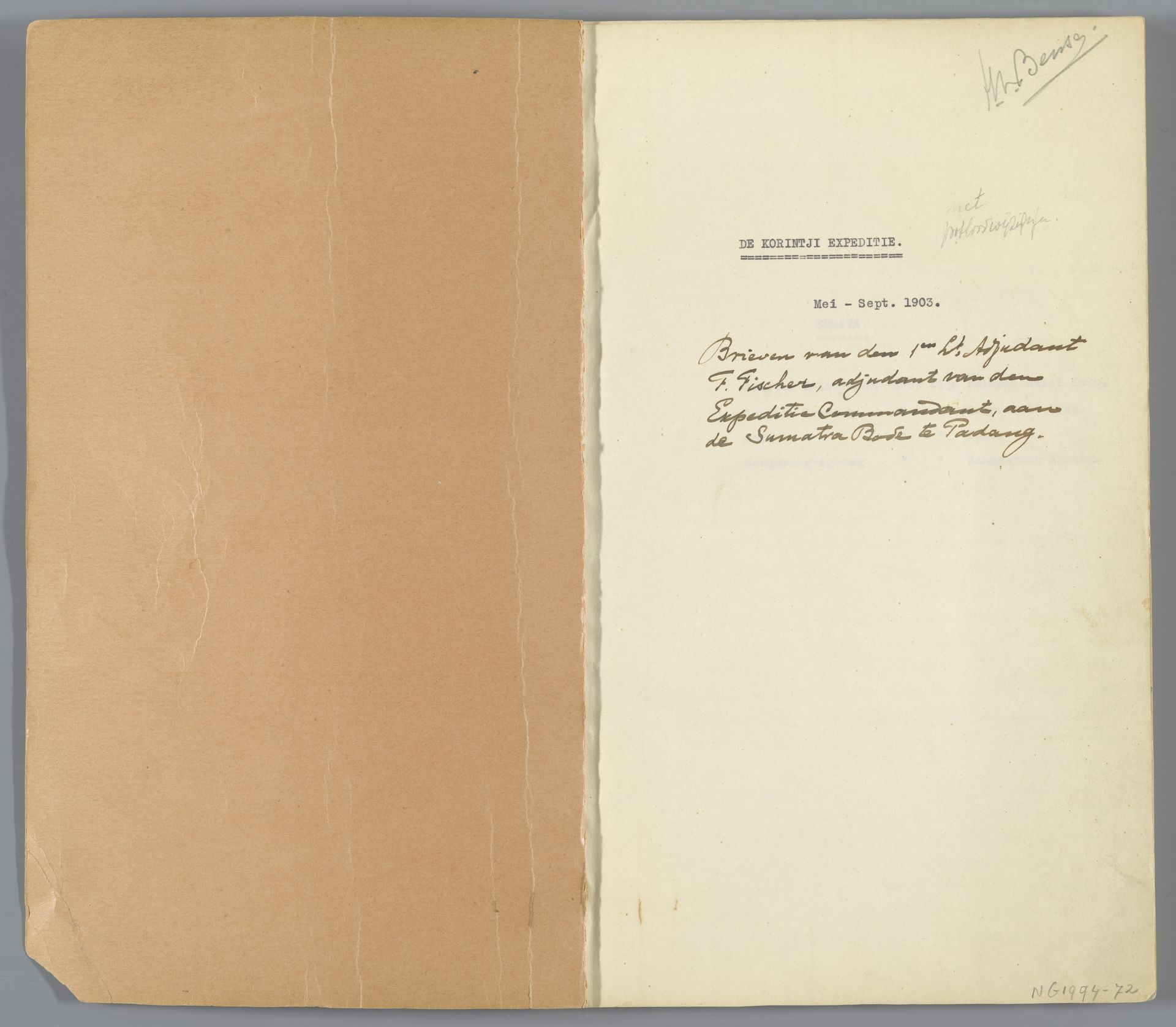 De Korintji expeditie, mei - september 1903. Brieven van den 1en Lt. adjudant F. Fischer aan de Sumatra Bode te Padang. by F. (schrijver) Fischer