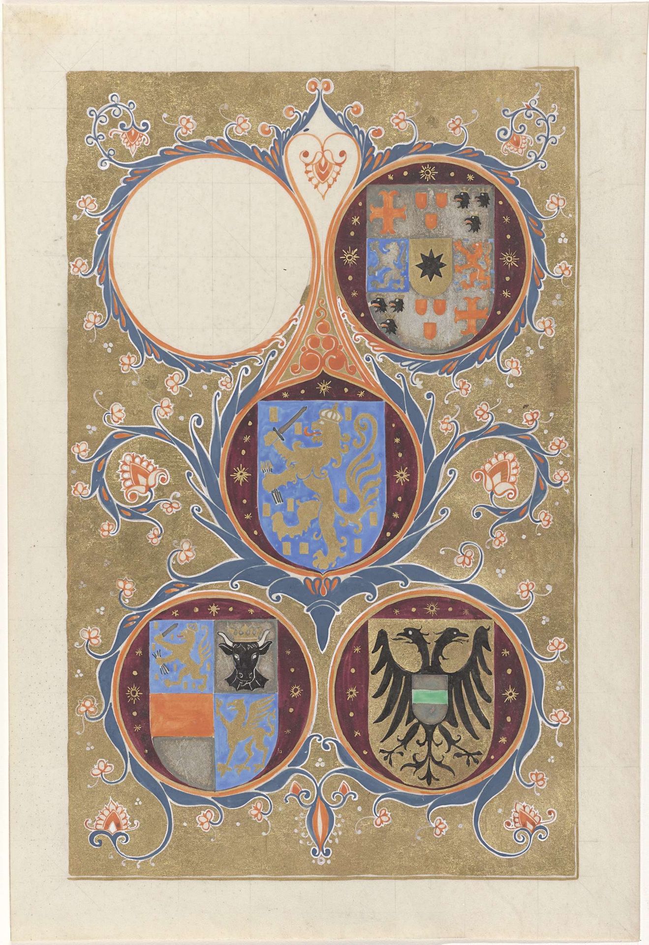 Vier wapenschilden by Carel Adolph Lion Cachet