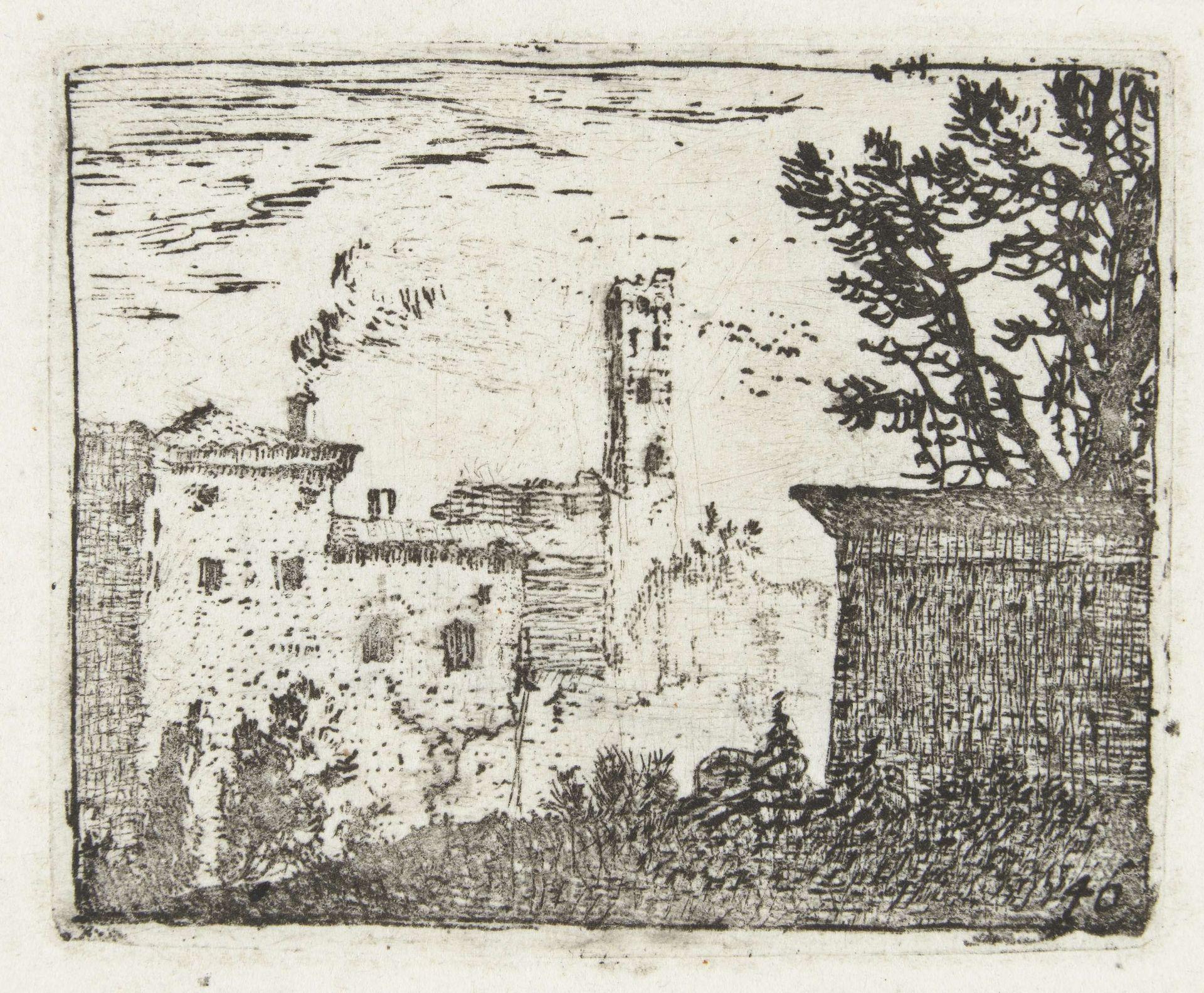 Gebouwen met vierkante toren by Karel du Jardin