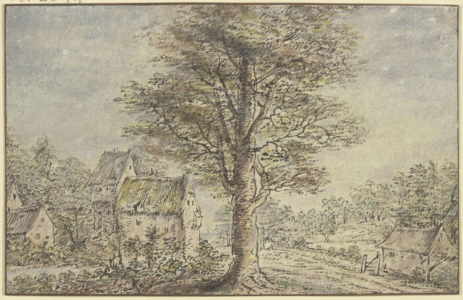 Dorfansicht, in der Mitte ein Baum by Lucas van Uden