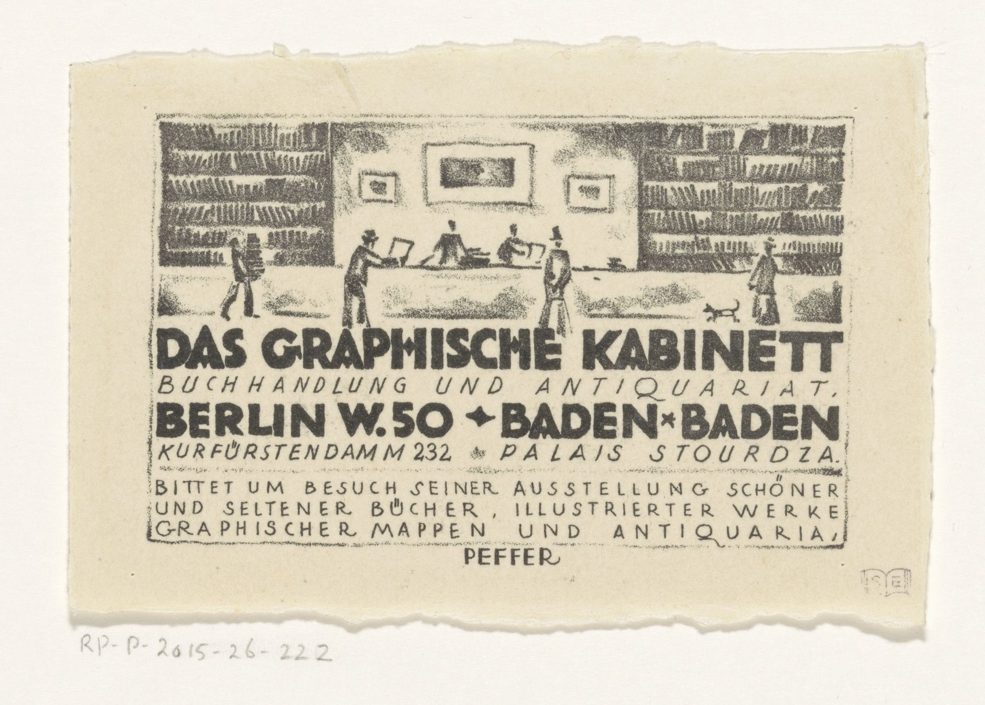 Visitekaartje van boekhandel en antiquariaat Das Graphische Kabinett van Israel Ber Neumann te Berlijn en Baden-Baden by Franz A. Peffer