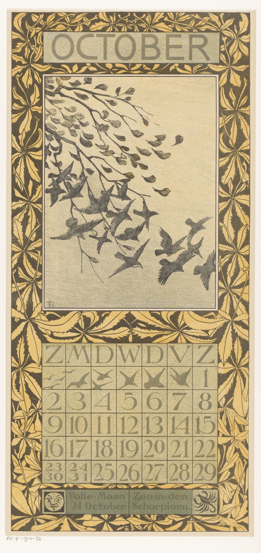 Kalenderblad oktober met bladeren en vogels by Theo van Hoytema