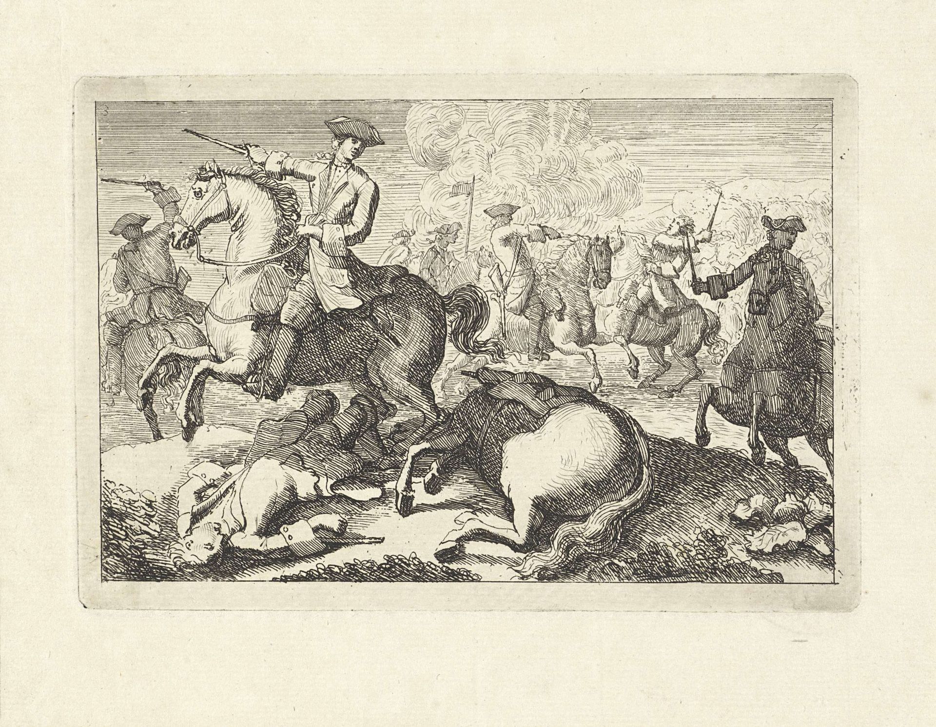 Cavaleriegevecht met op de voorgrond een gewonde ruiter en paard by Johannes Verhoek