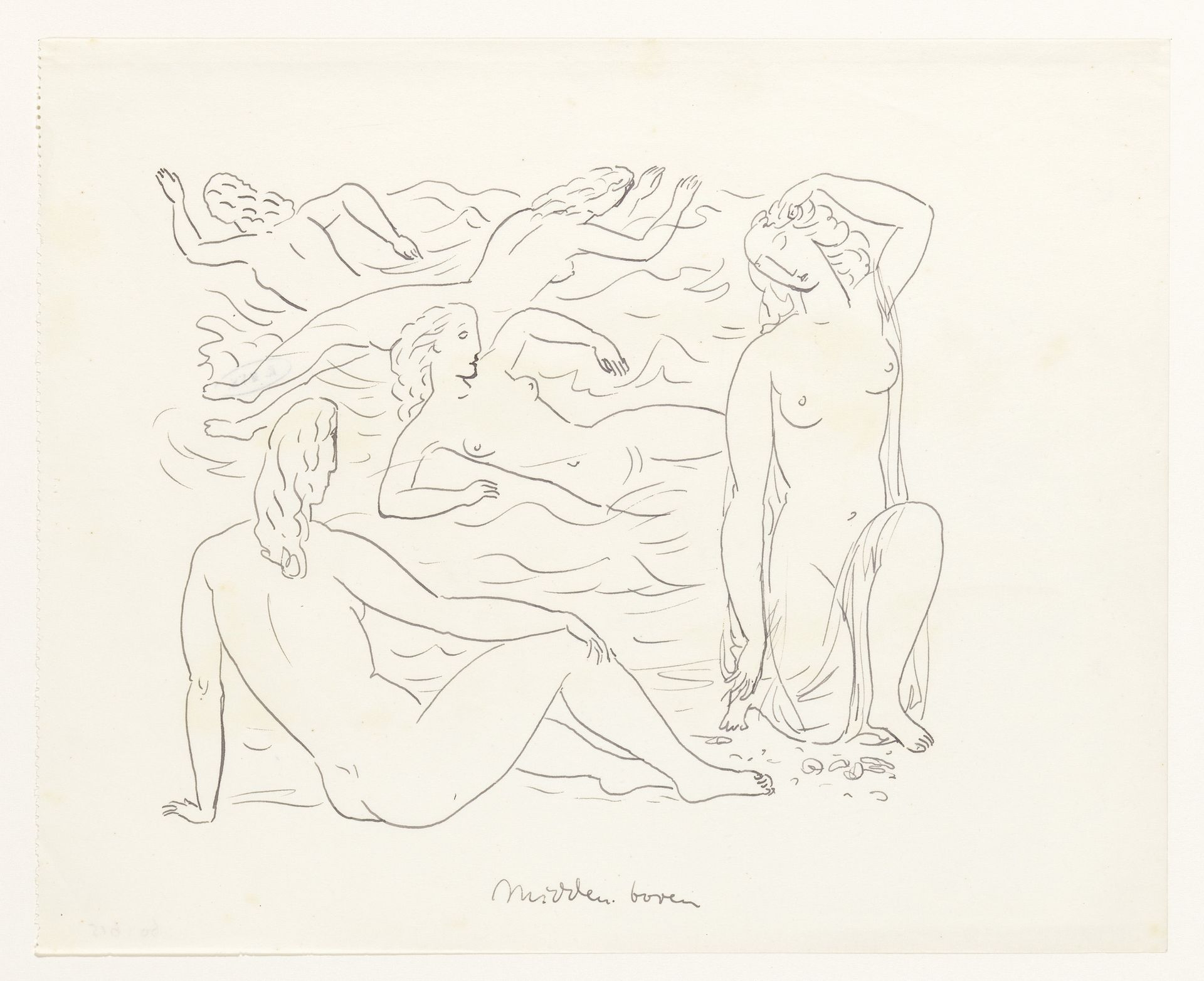 Vijf naakte vrouwen, zwemmend in de branding of aan het strand by Leo Gestel