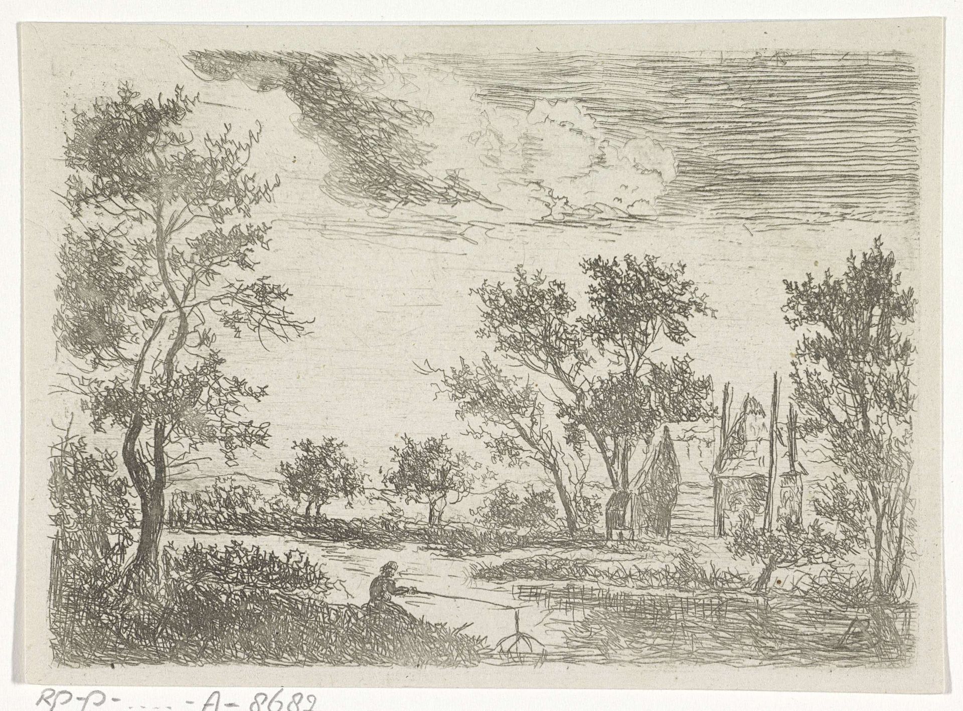 Landschap met een visser aan de waterkant by Anonymous