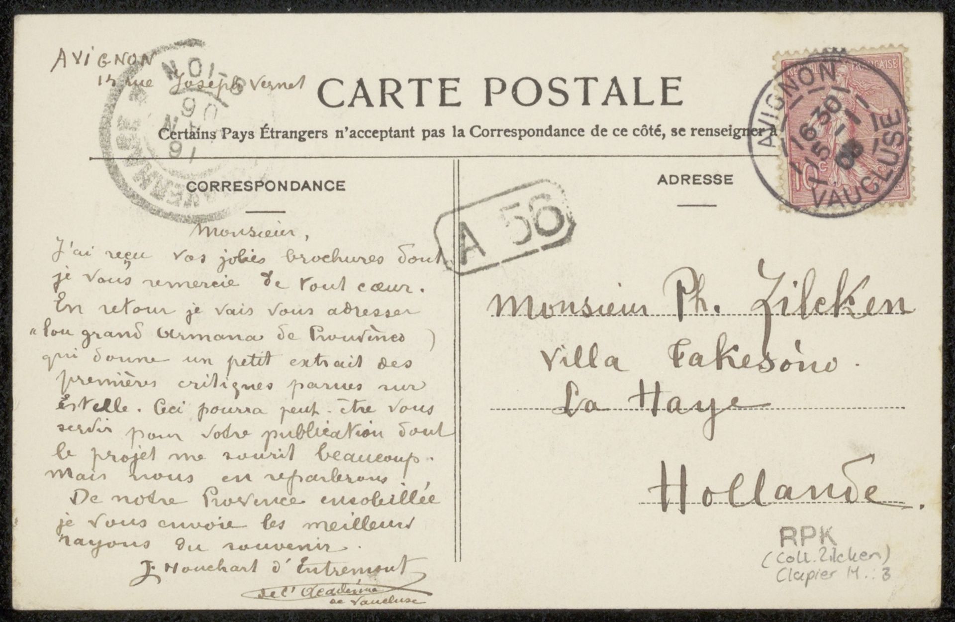 Prentbriefkaart aan Philip Zilcken by Eugénie Clapier-Houchart