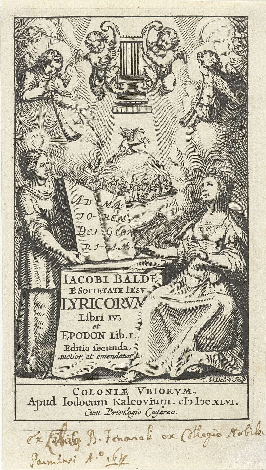 Vrouw schrijft en krijgt inspiratie van muzen terwijl engelen op muziekinstrumenten spelen by Cornelis van Dalen I