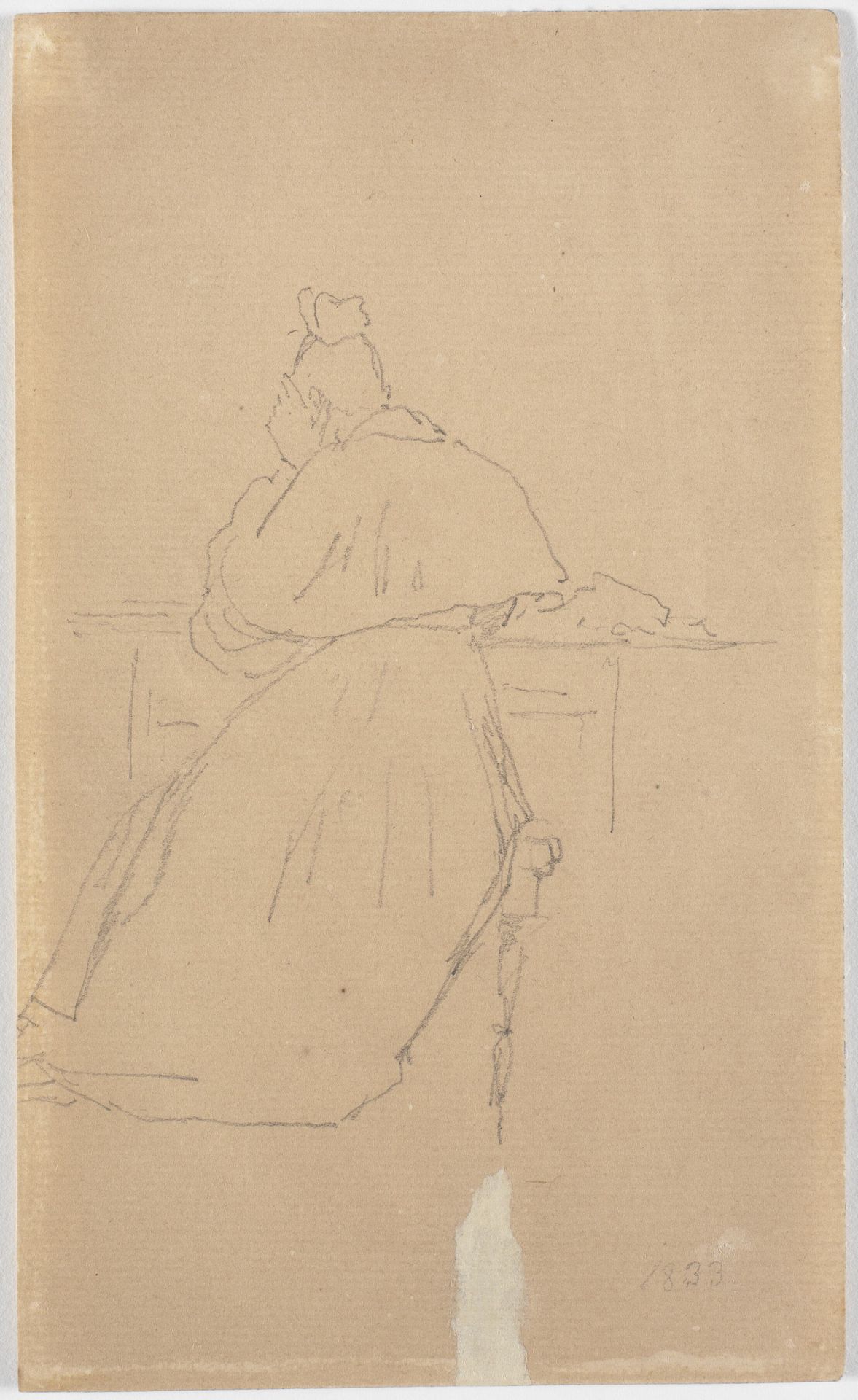 Kunstnerens søster siddende ved et bord, set bagfra by Christen Købke
