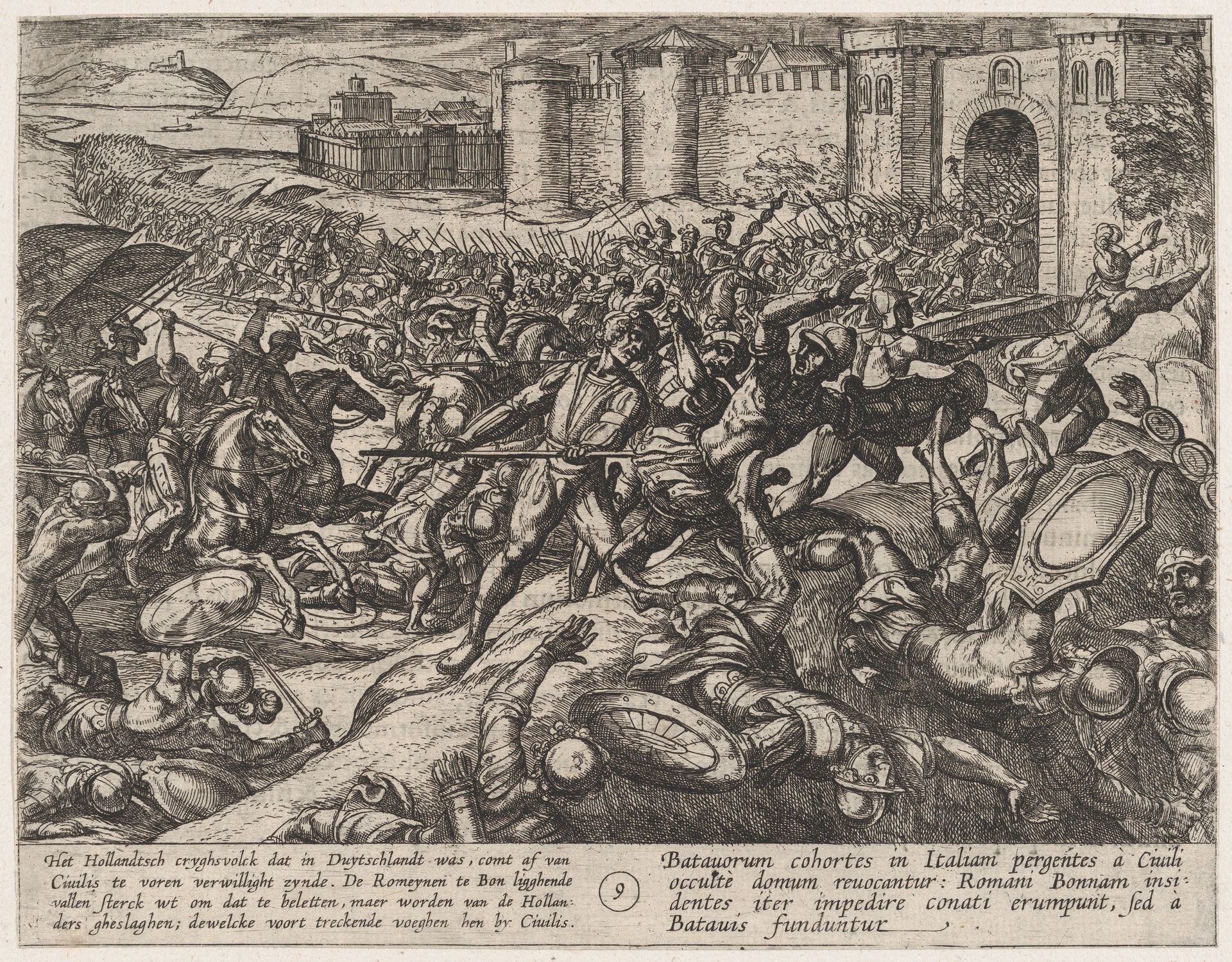 Plate 9: The Romans Defeated by the Dutch Troops at Bonna, from The War of the Romans Against the Batavians (Romanorvm et Batavorvm societas) by Antonio Tempesta