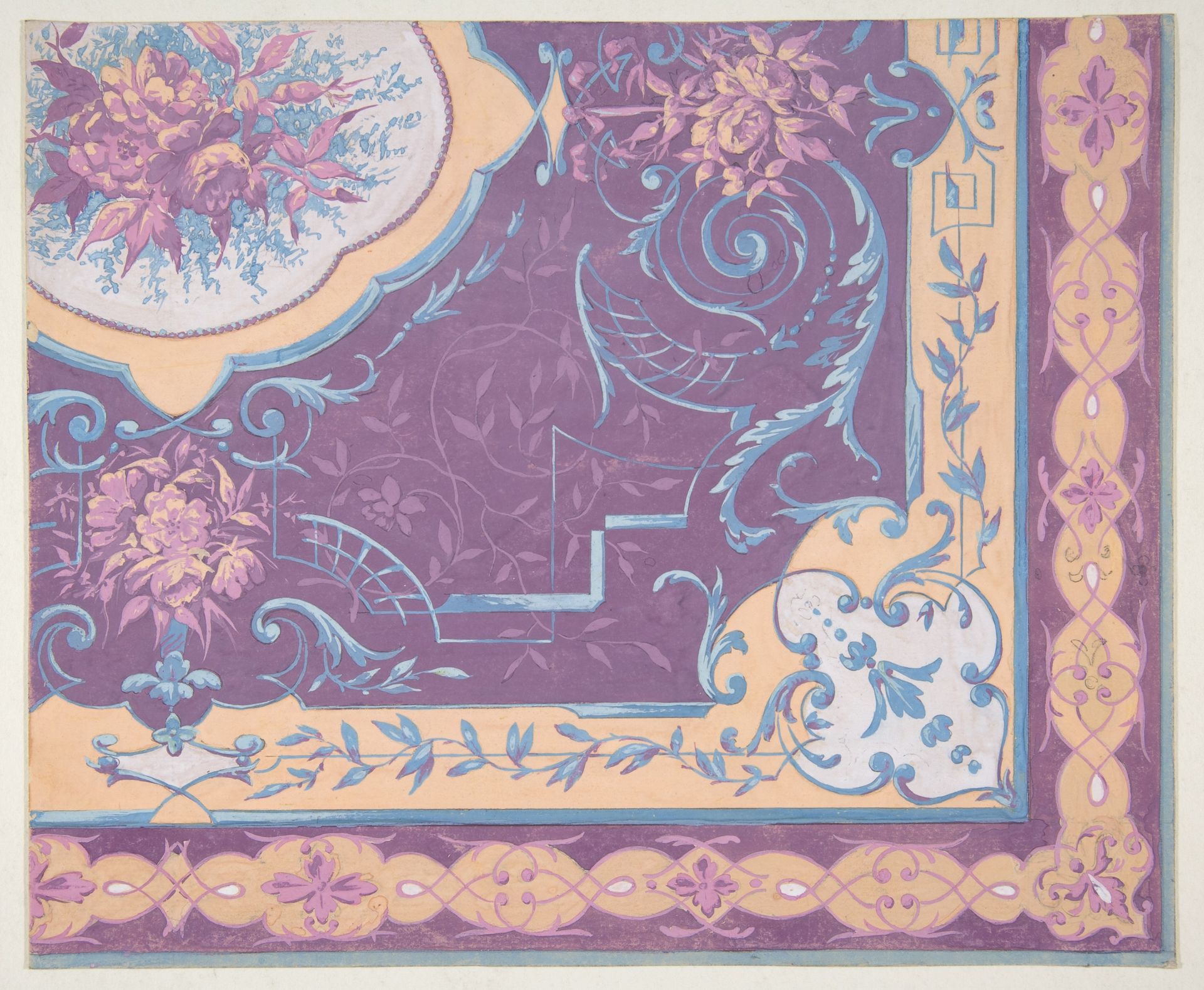 Wallpaper design featuring bouquets of roses, strapwork, and rinceaux by Jules-Edmond-Charles Lachaise