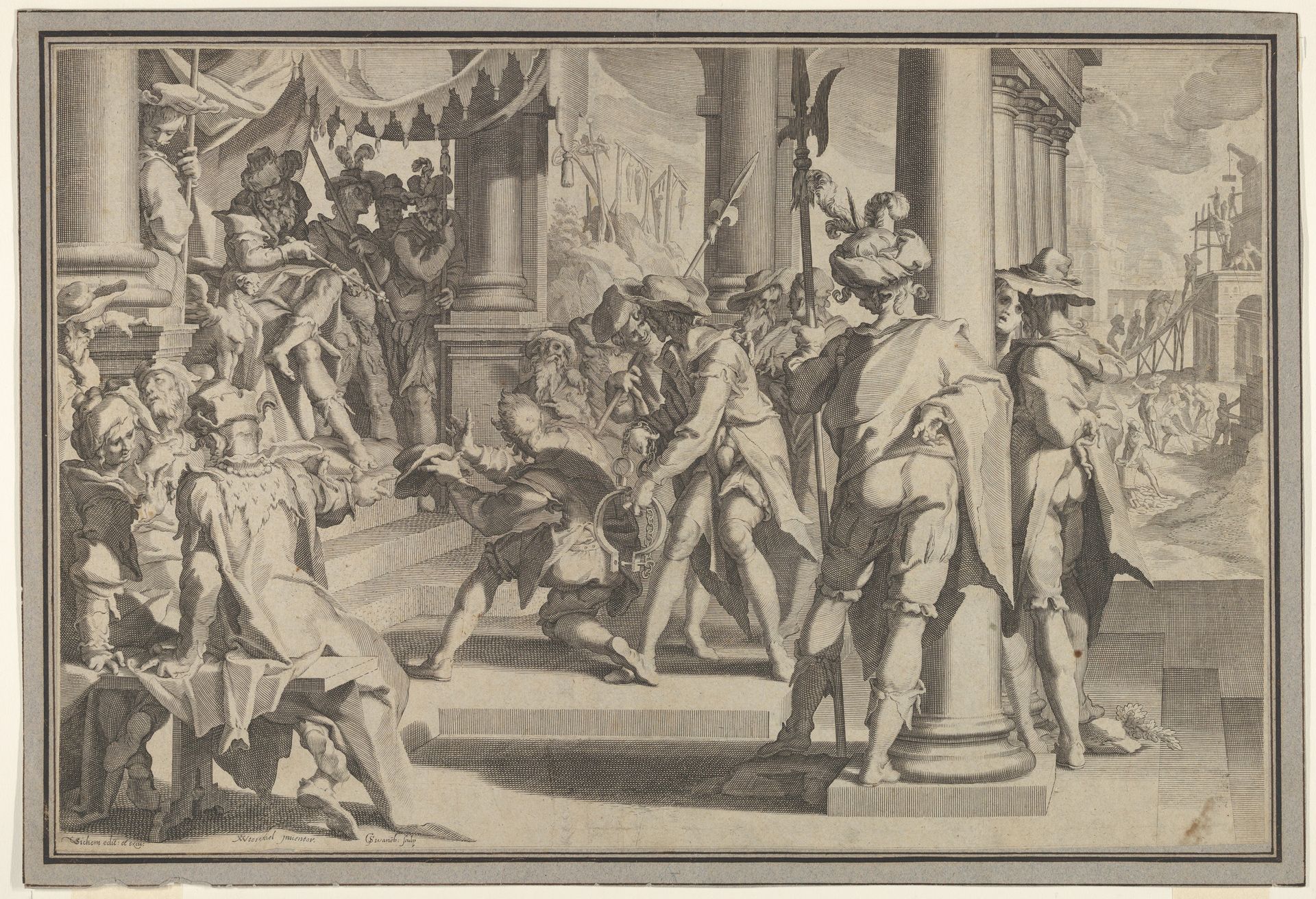 Allegory of Justice (Sanctity of the Law) with a court scene depicting a man being pardoned by a judge, plate XII from Thronus Justitiae, tredecim pulcherrimus tabulis... by Willem van Swanenburg