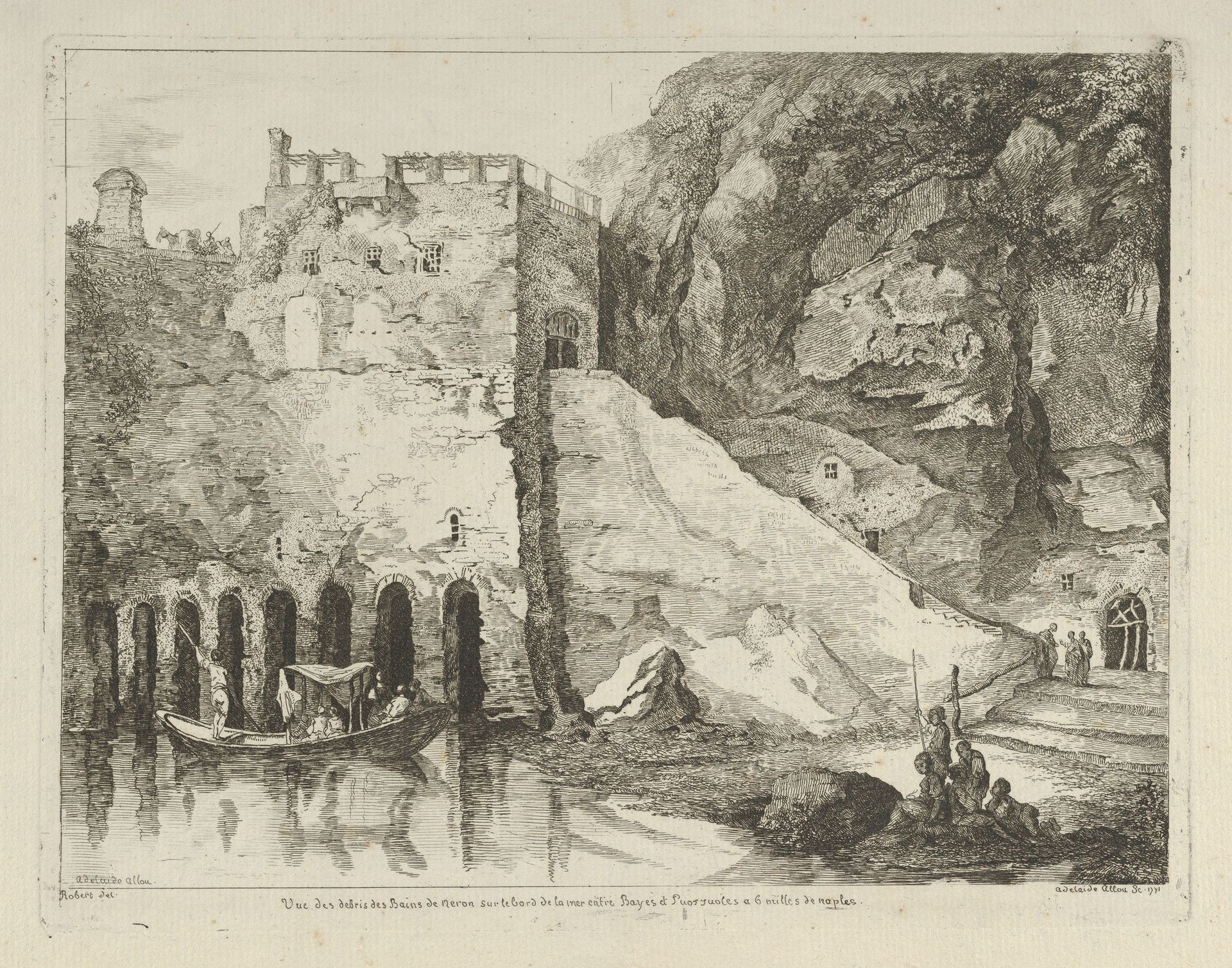 Vue des debris des bains de Neron from Differentes vues dessiné d'après nature... dans les environs de Rome et de Naples by Adélaide Allou