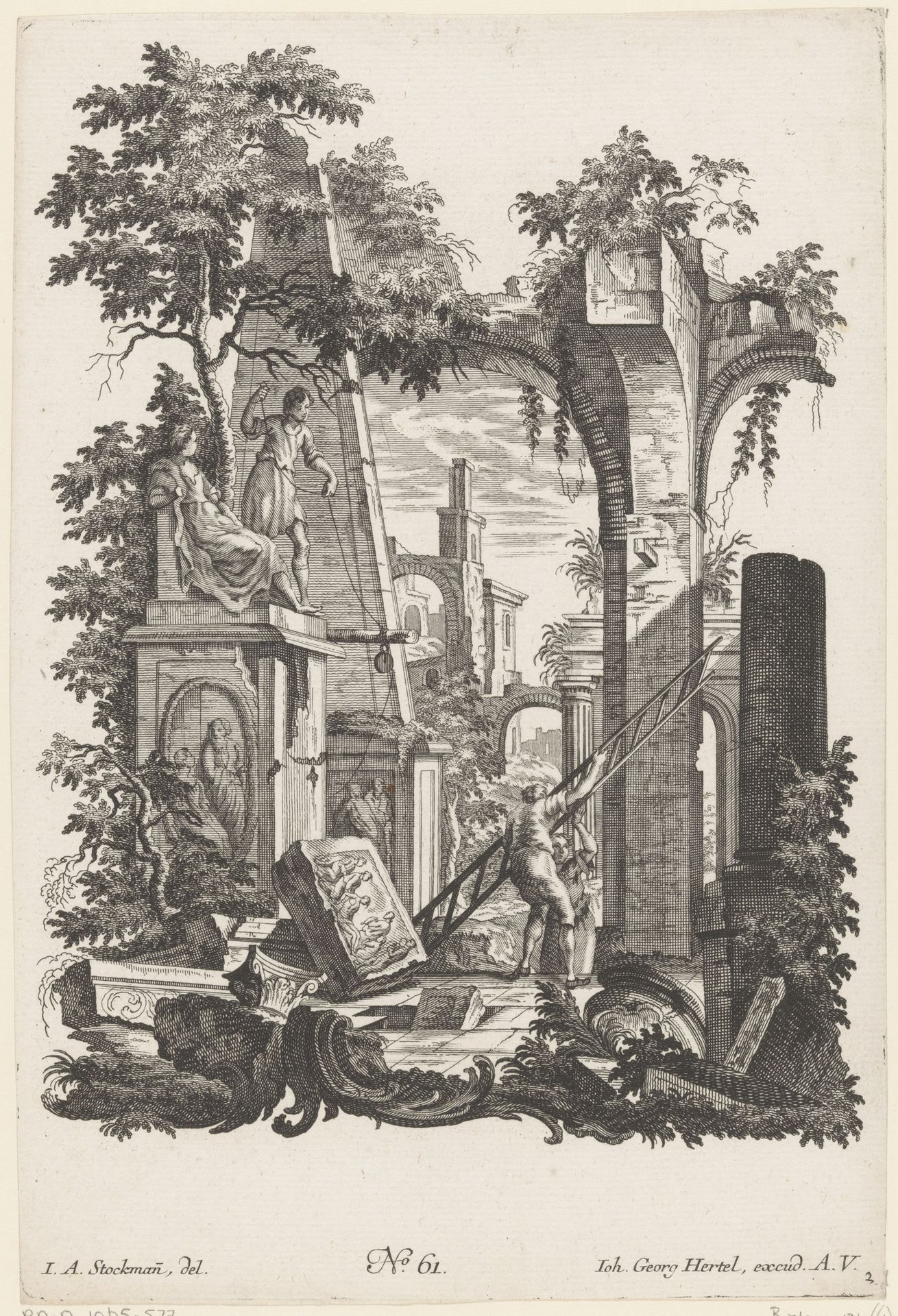 Figuren met ladder in ruïnelandschap by Anonymous