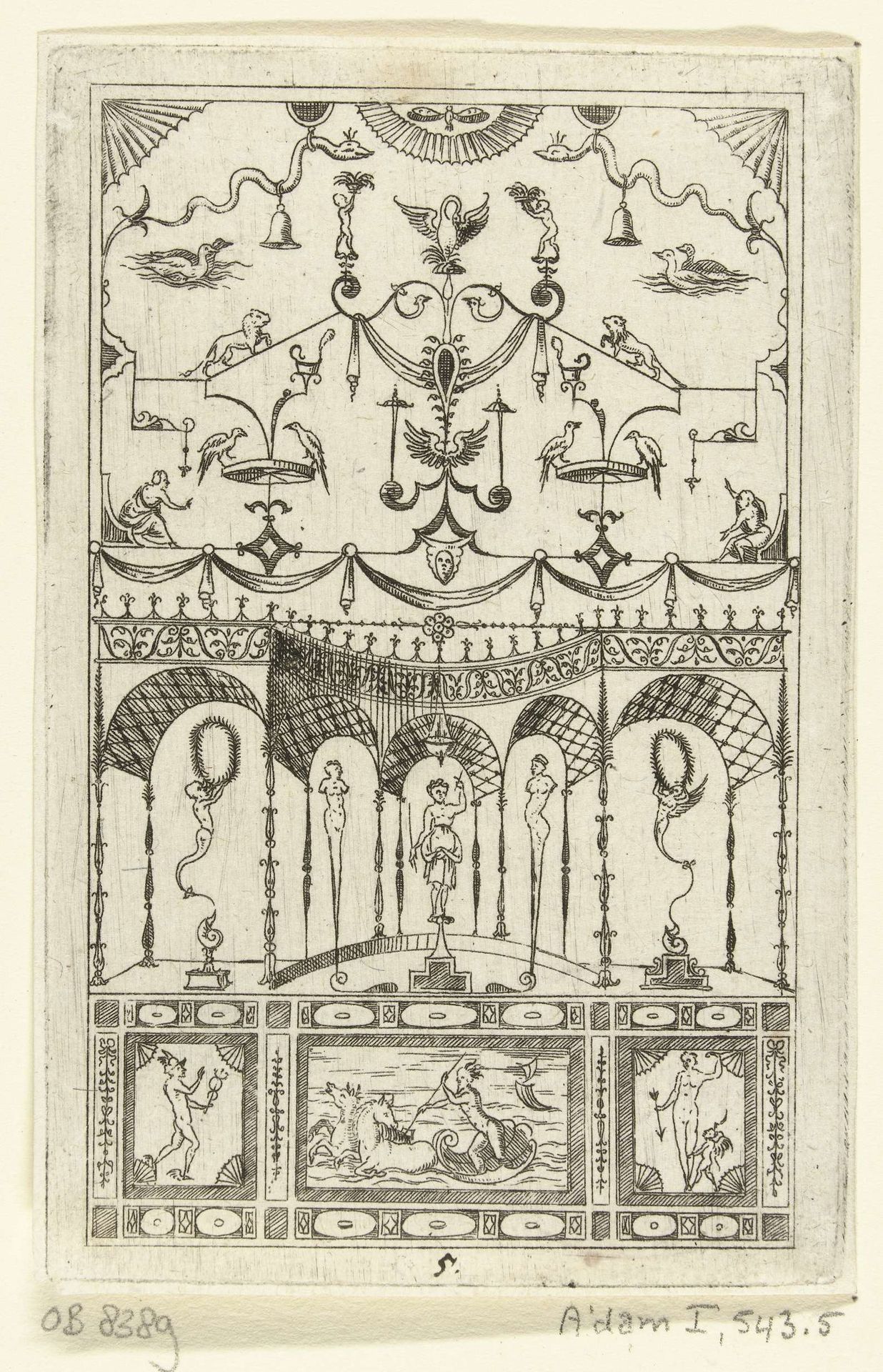 Op een voetstuk, gedecoreerd met van links naar rechts Mercurius, Neptunus en Venus, staan hermen by Hans Sibmacher