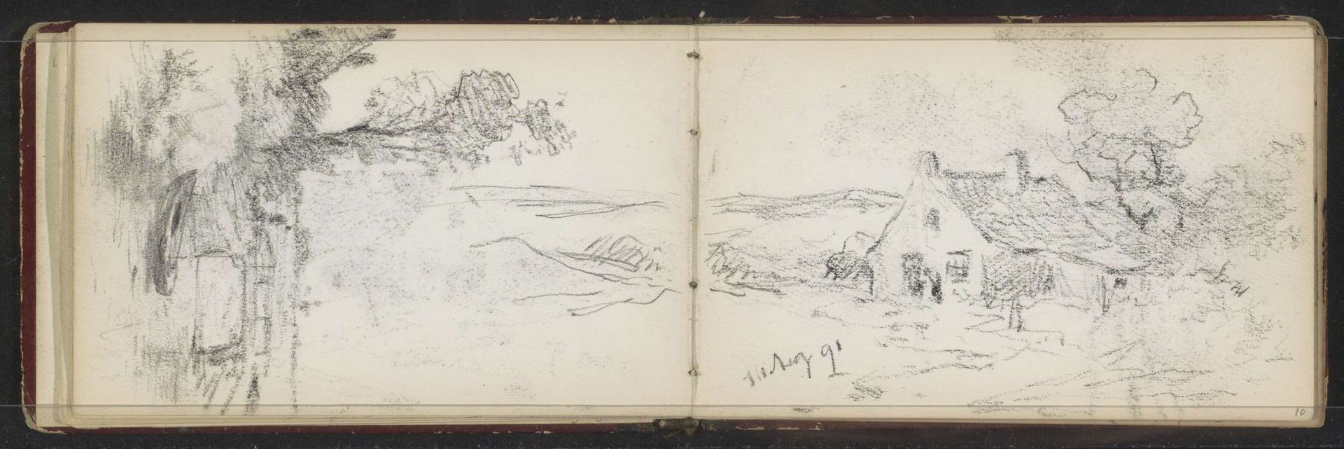 Brug over het water en een heuvellandschap met boerderij by Willem Cornelis Rip