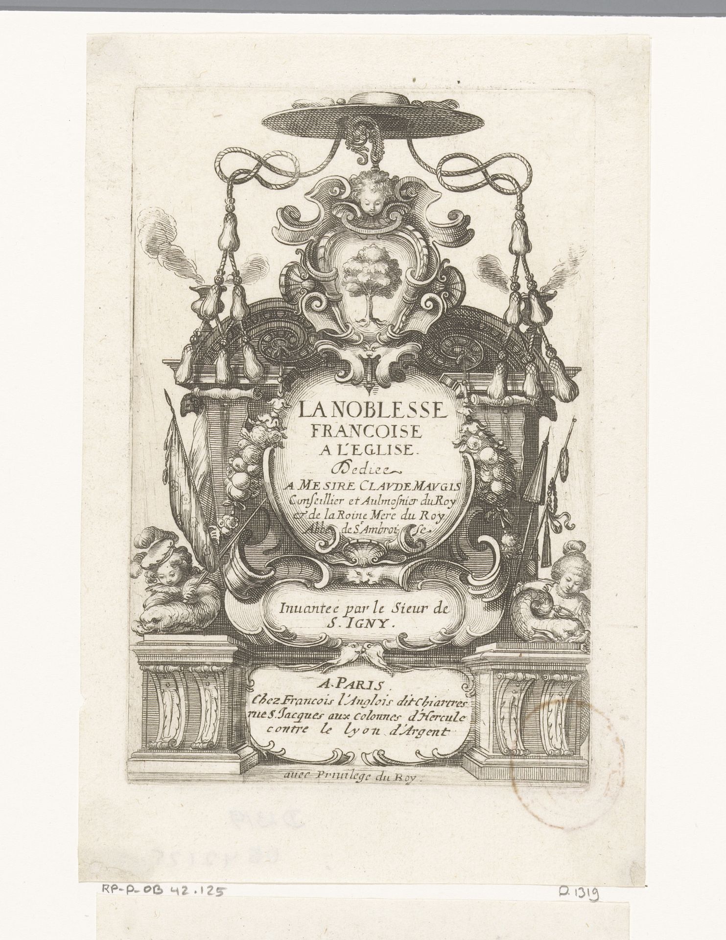 Titelprent met cartouche, kardinaalshoed en het wapen van Claude Maugis by Abraham Bosse