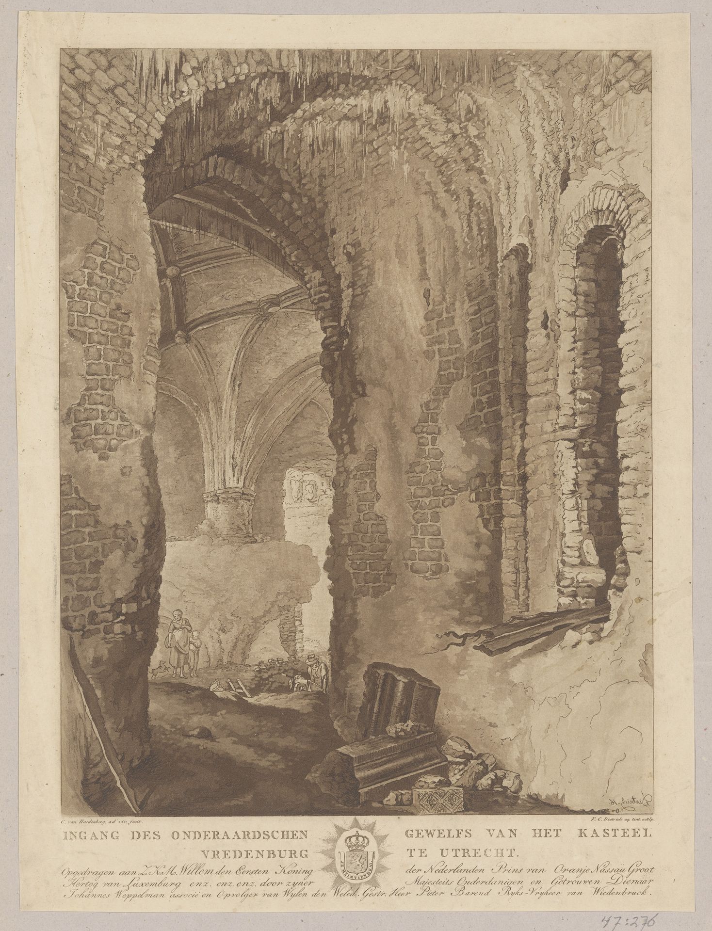 Gezicht op het onderaards gewelf van kasteel Vredenburg in Utrecht by Friedrich Christoph Dietrich