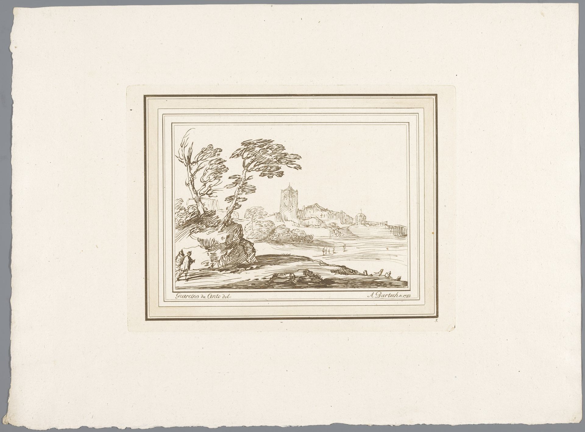 Landschap met een stad in het verschiet, links op voorgrond twee wandelaars by Adam von Bartsch