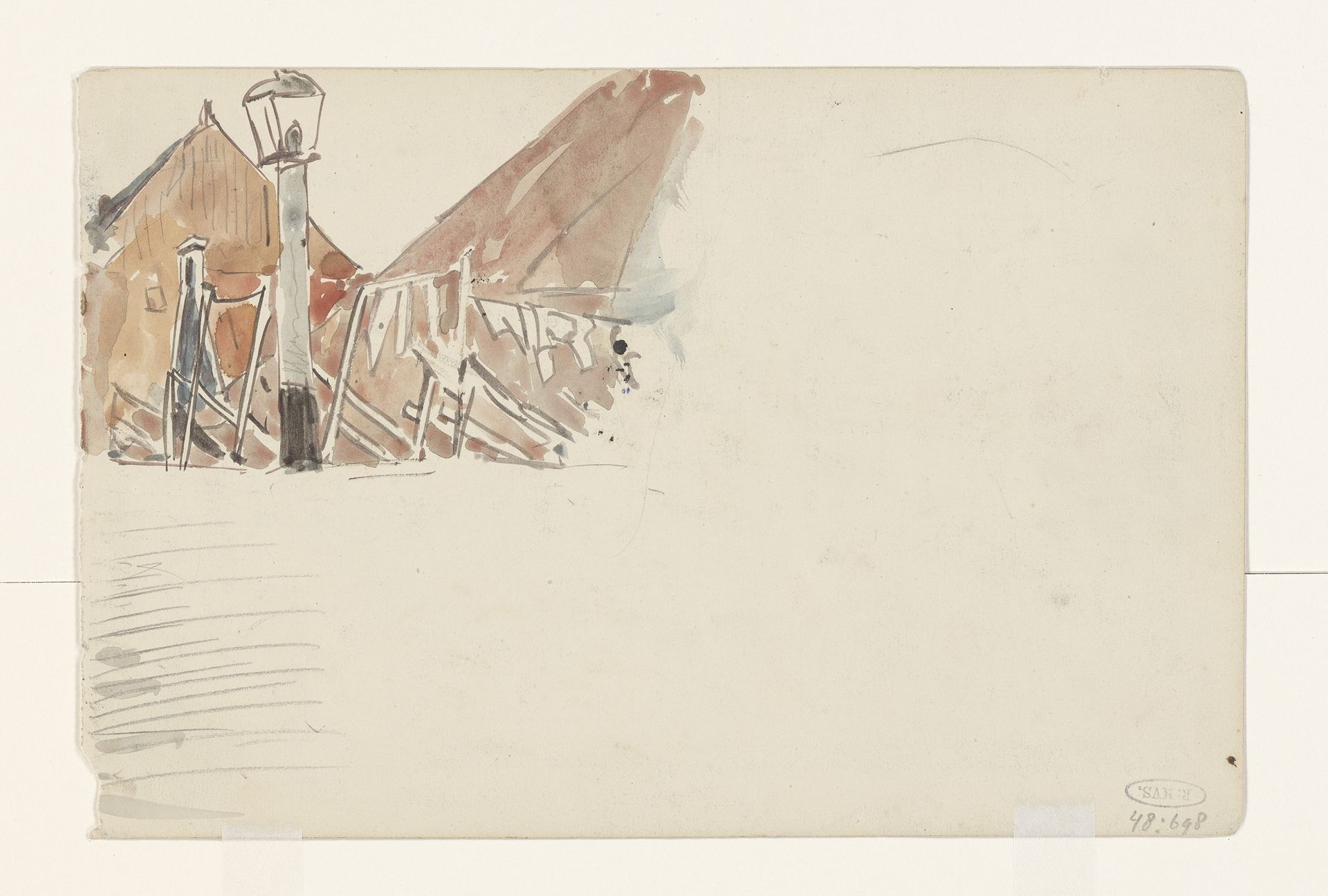 Lantarenpaal en waslijn voor huizen by Jan Hoynck van Papendrecht
