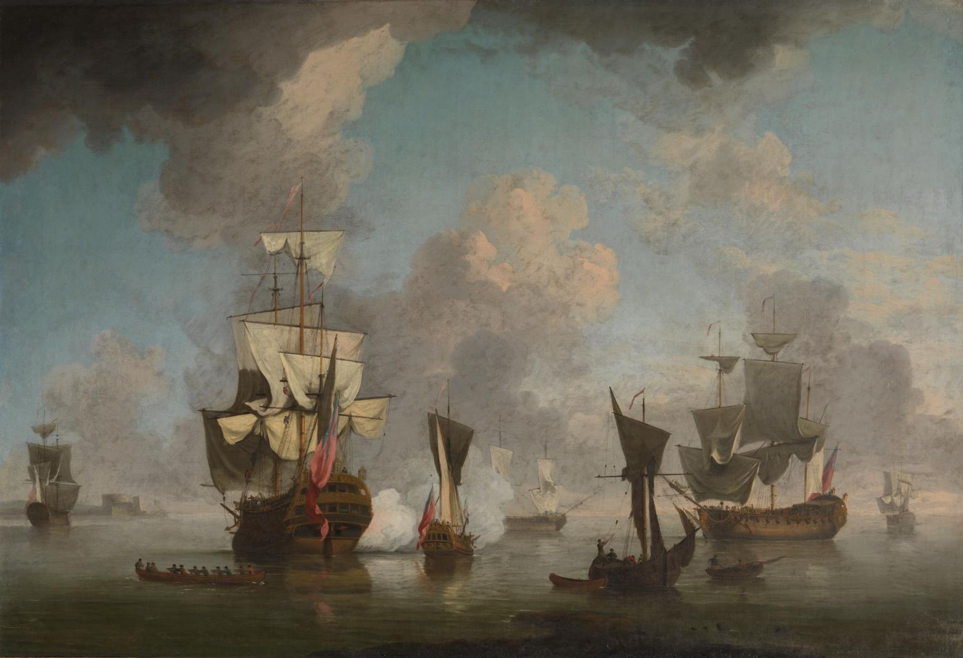 A British Man of War Firing a Salute by  Charles Brooking