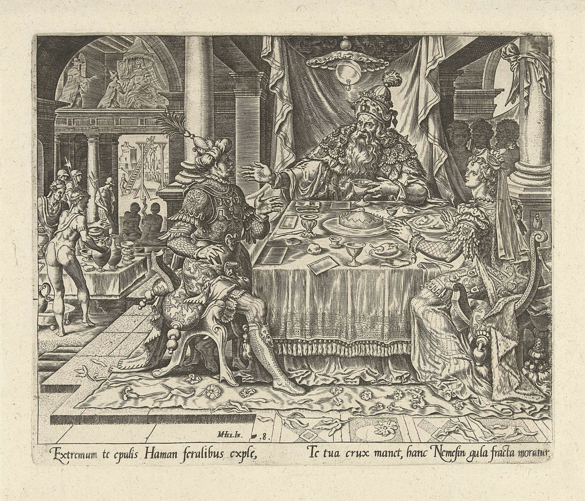 Ahasveros en Haman te gast bij Ester by Philips Galle