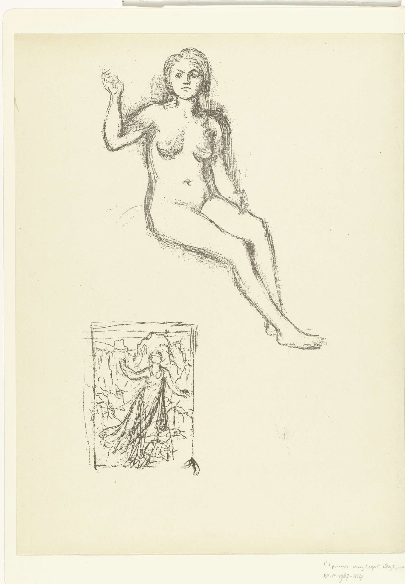 Zittende naakte vrouw en vrouw in landschap by Pierre Puvis de Chavannes