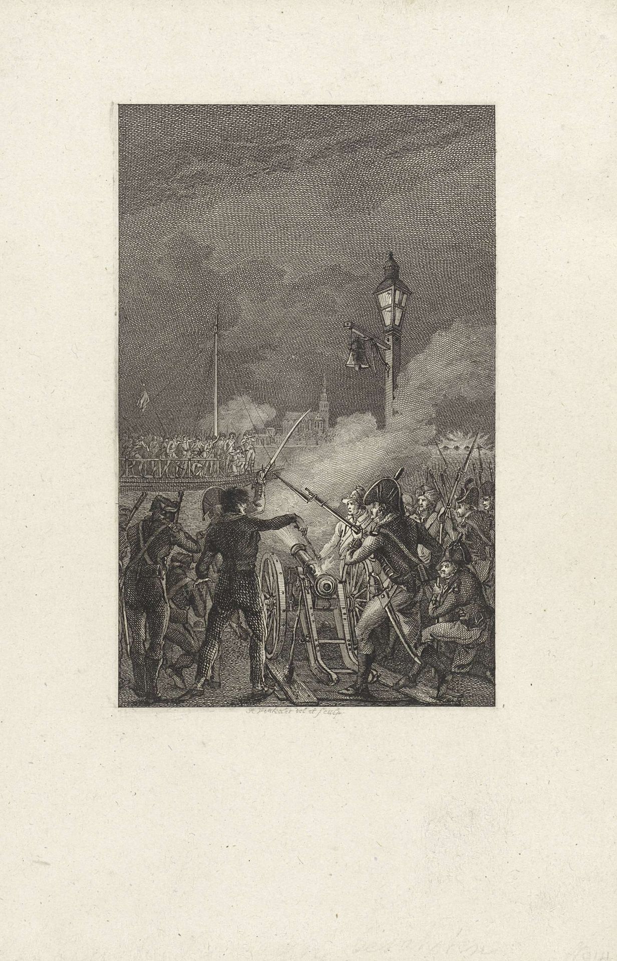Fransen beschieten de vluchtende troepen op de Gierbrug, 1794 by Reinier Vinkeles
