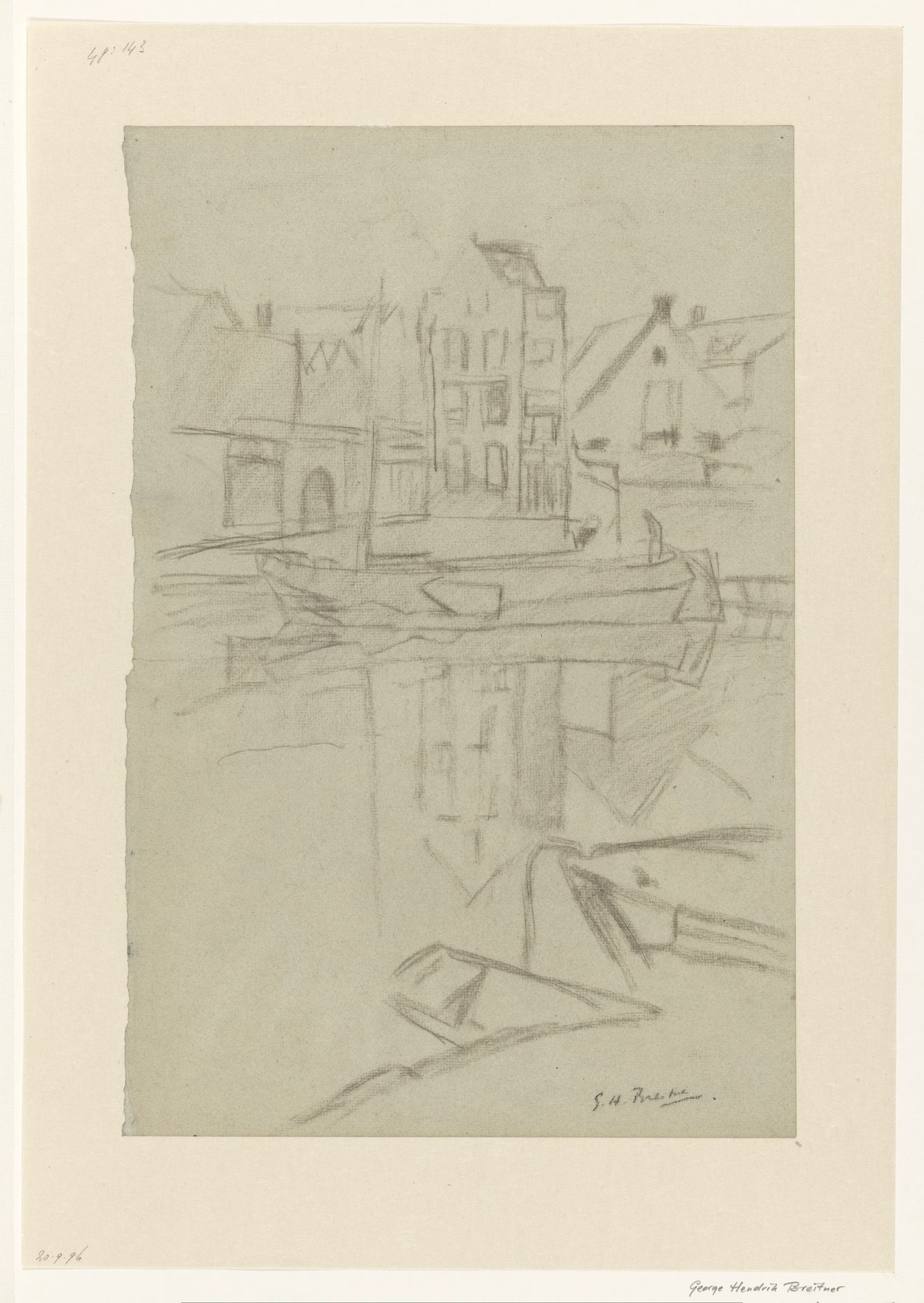 Stadsgracht met boten en spiegelende huizen by George Hendrik Breitner
