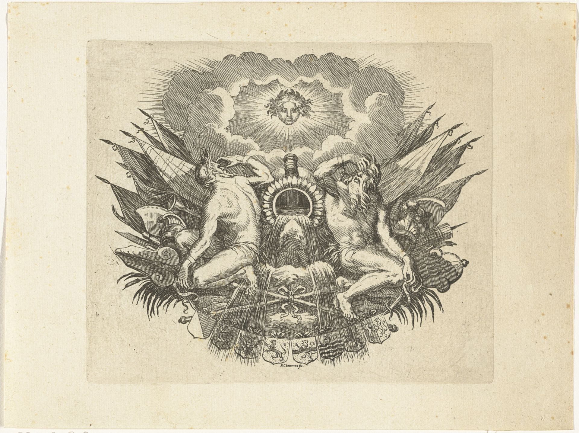 Vignet voor de titelprent van Pierre Corneille's 'Les Victoires du Roy sur les Estats de Hollande, en l'année 1672' by François Chauveau
