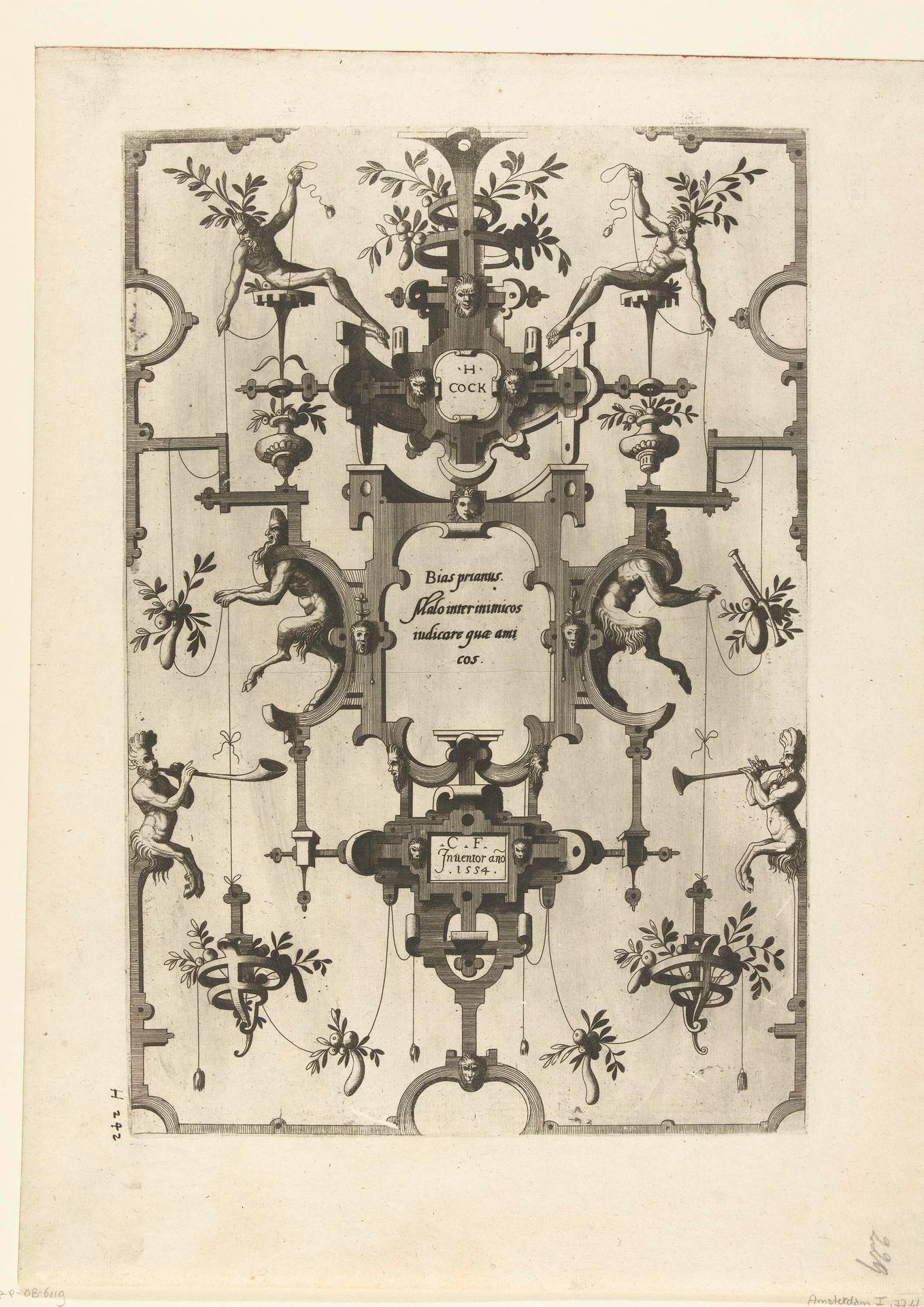 Cartouche met tekst van Bias tussen twee saters in rolwerk by Johannes of Lucas van Doetechum