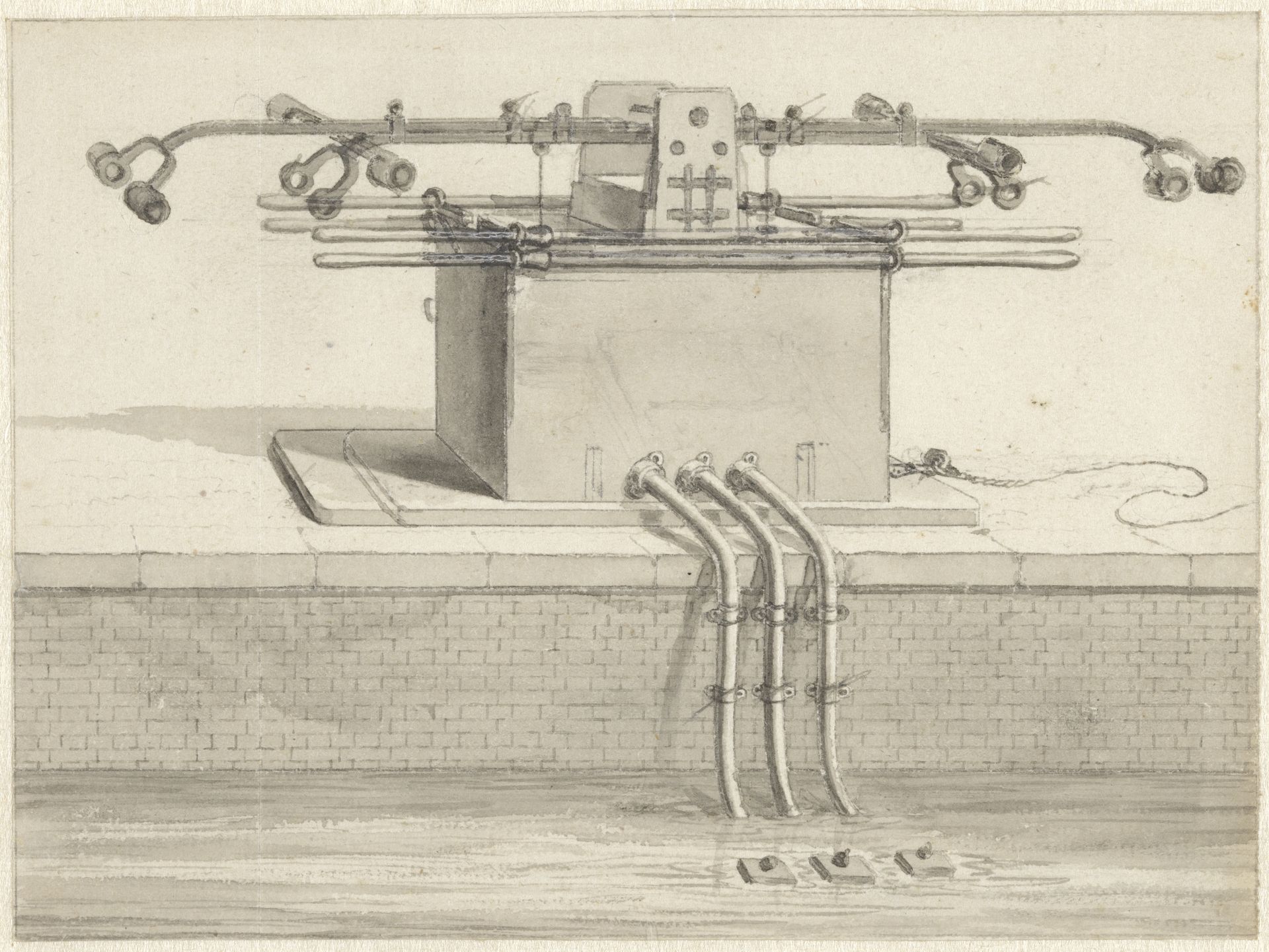 Dubbele zuigpomp voor de slangbrandspuit by Jan van der Heyden