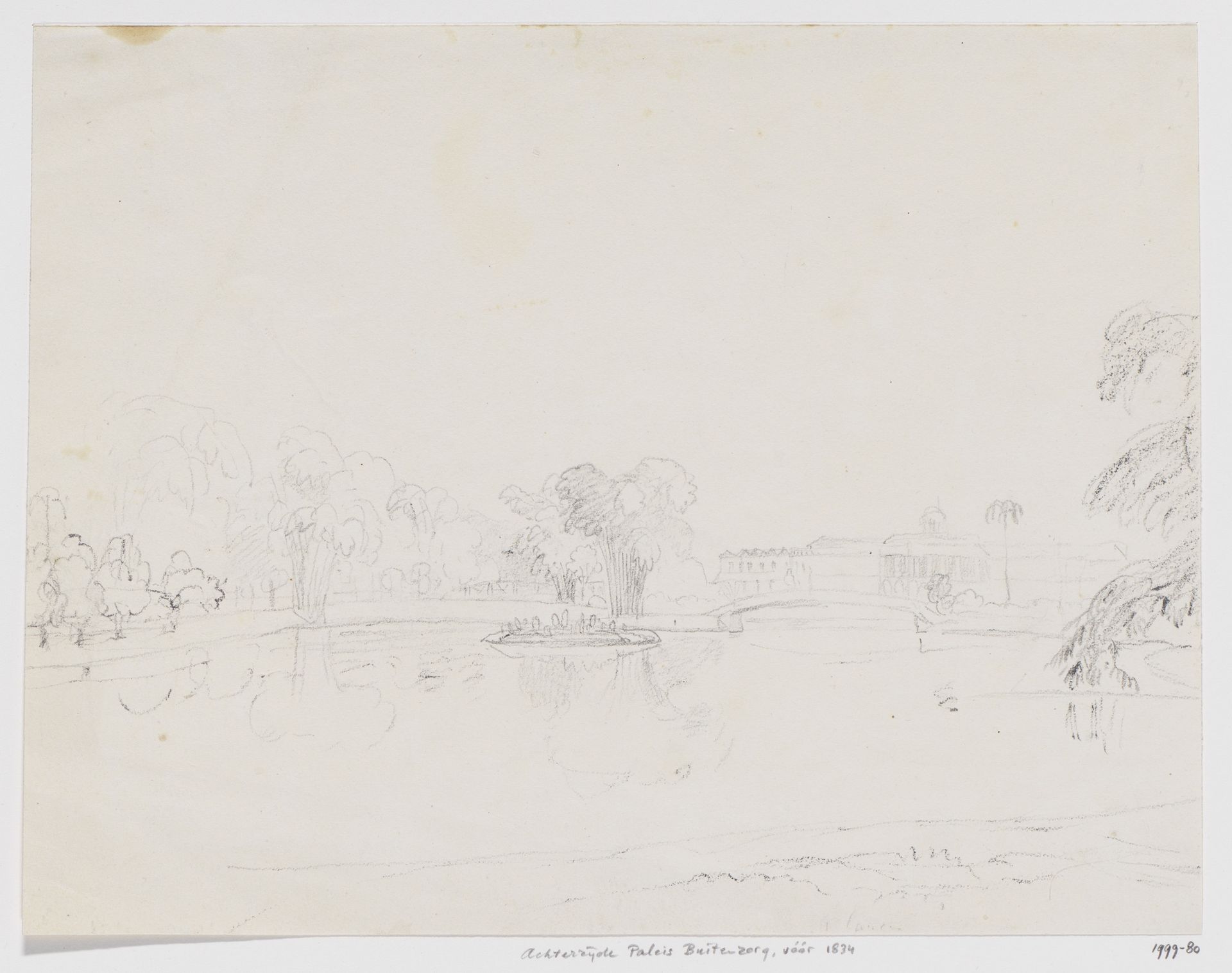 Gezicht op vijver en tuin en achterzijde van het paleis Buitenzorg (vóór 1834), West-Java by Adrianus Johannes Bik
