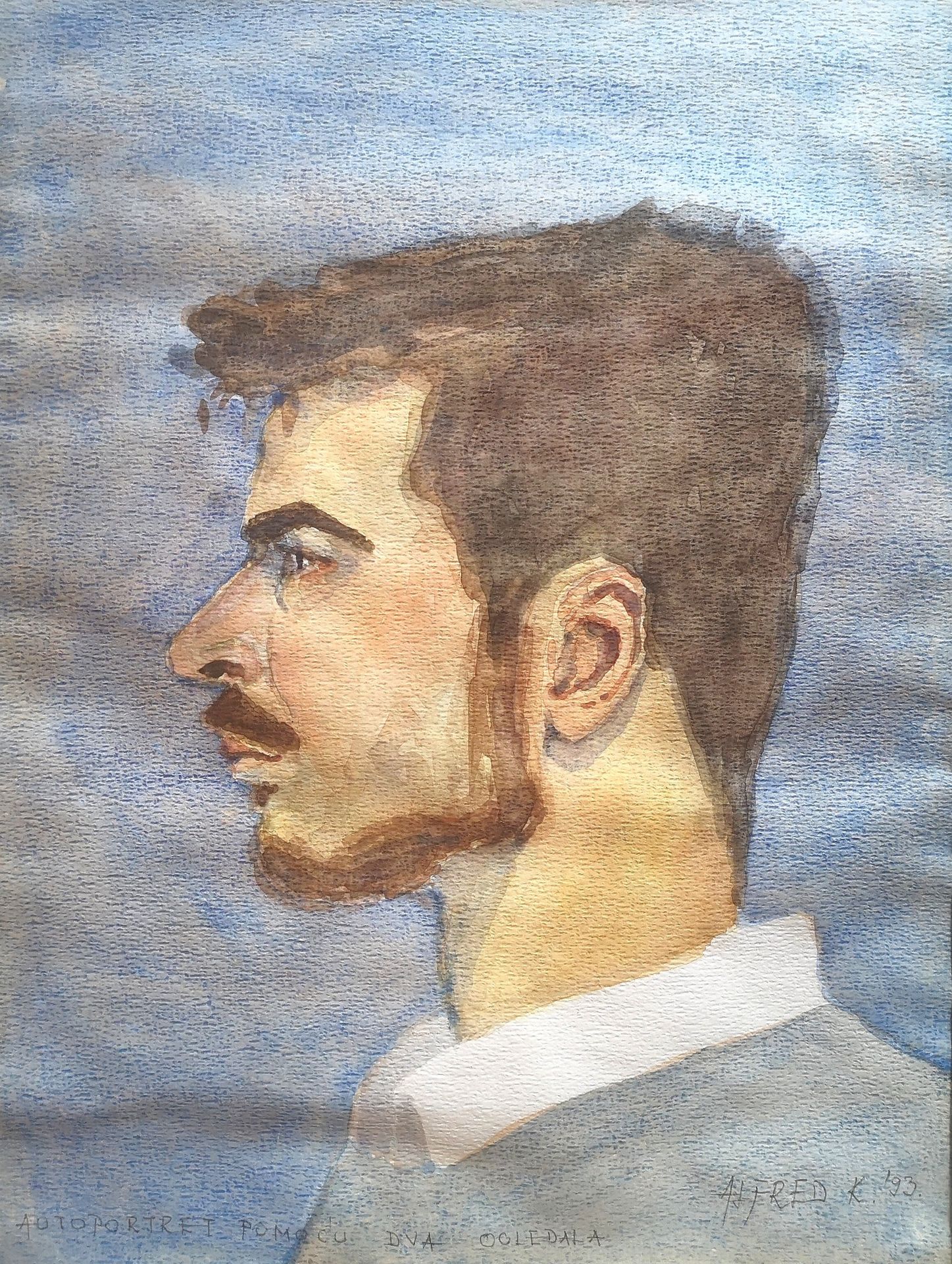 Profile self-portrait in watercolor painted using two mirrors (Painted the reflection of the reflection) by Alfred Freddy Krupa