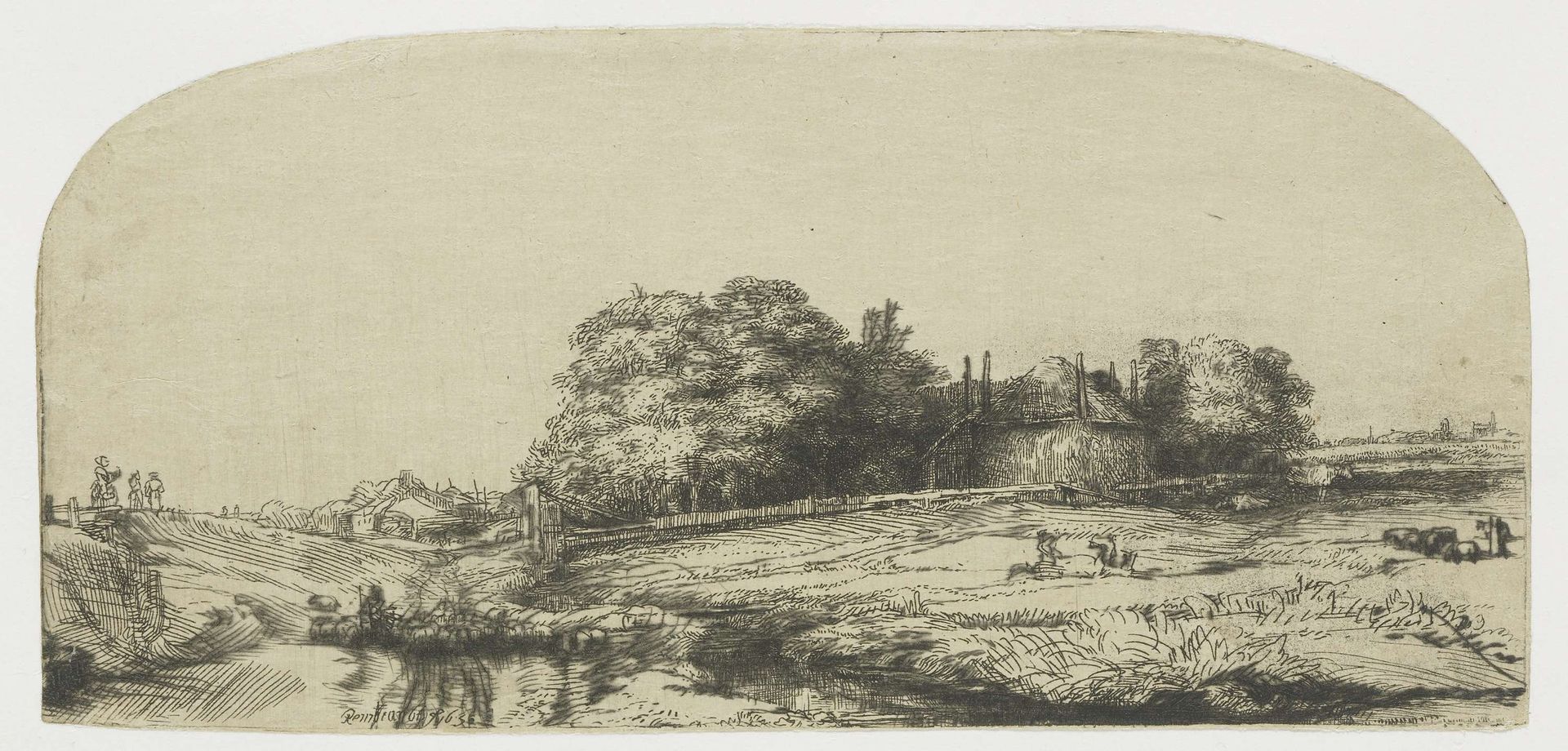Cottages and a hay barn on the Diemerdijk with a flock of sheep by Rembrandt van Rijn