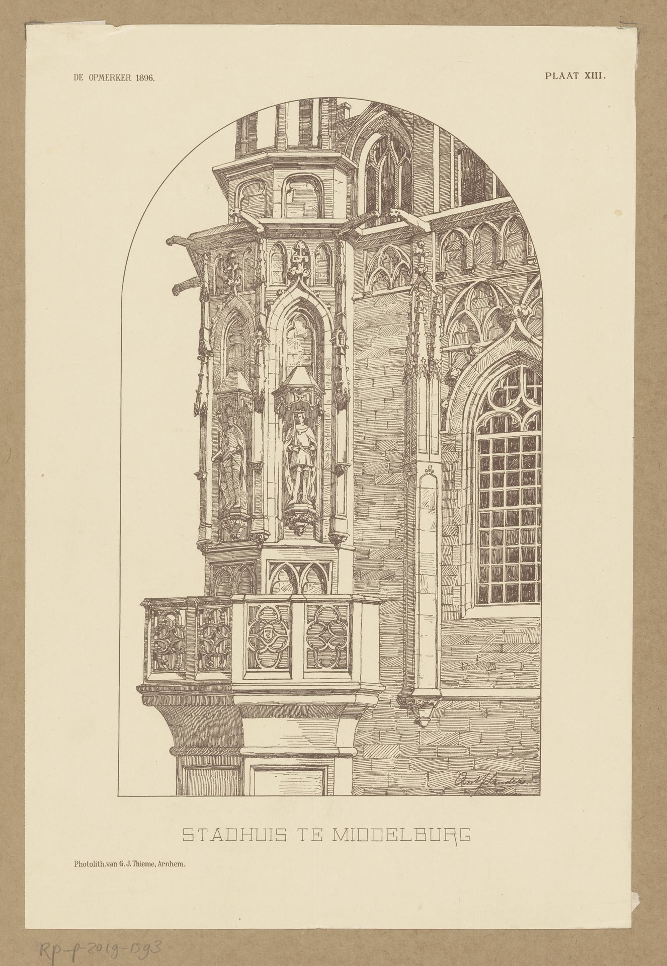 Reproductie van een tekening van A.J. Sanders met een detail van het Stadhuis van Middelburg by Gerrit Jan Thieme