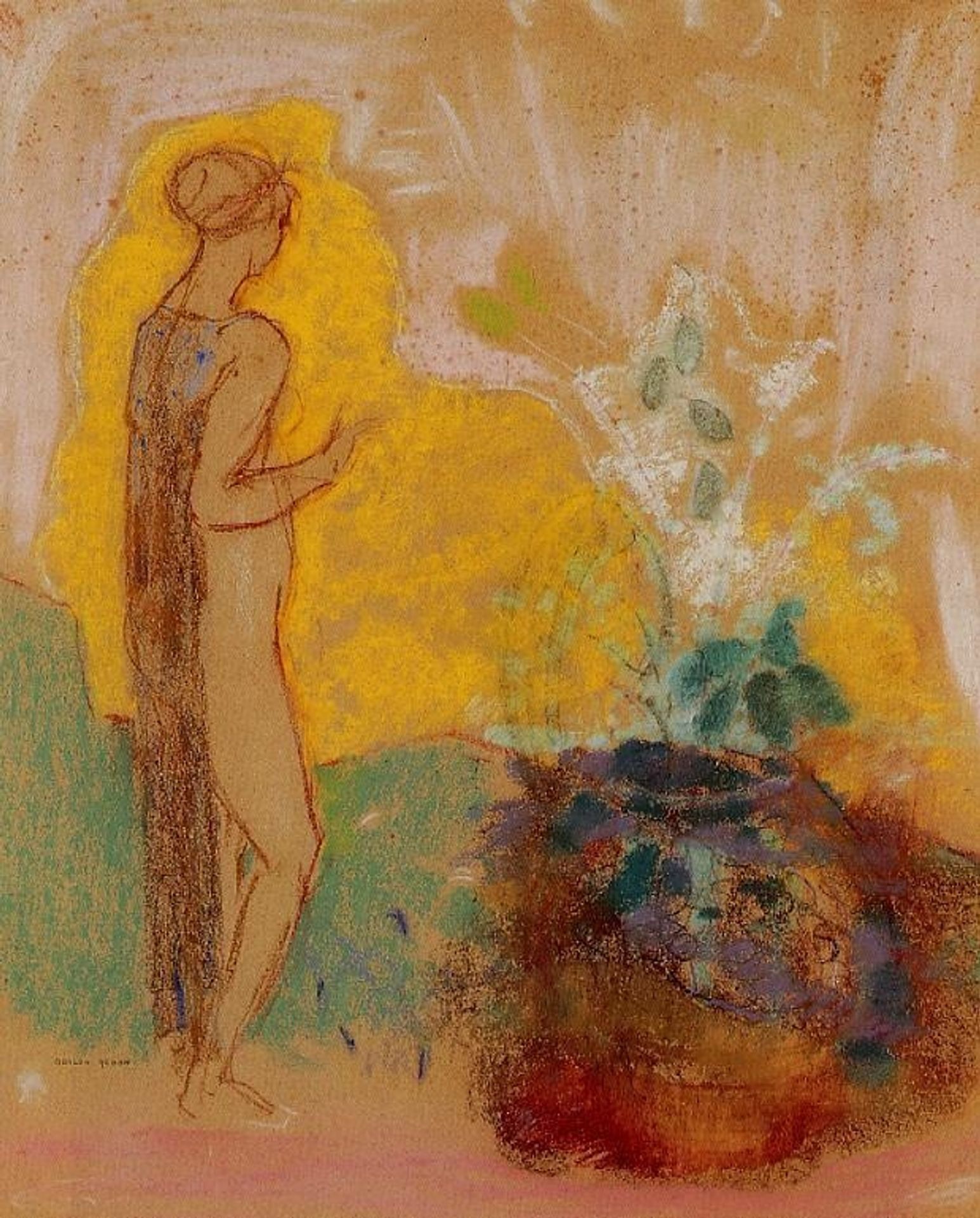 Woman and Stone Pot Full of Flowers by Odilon Redon