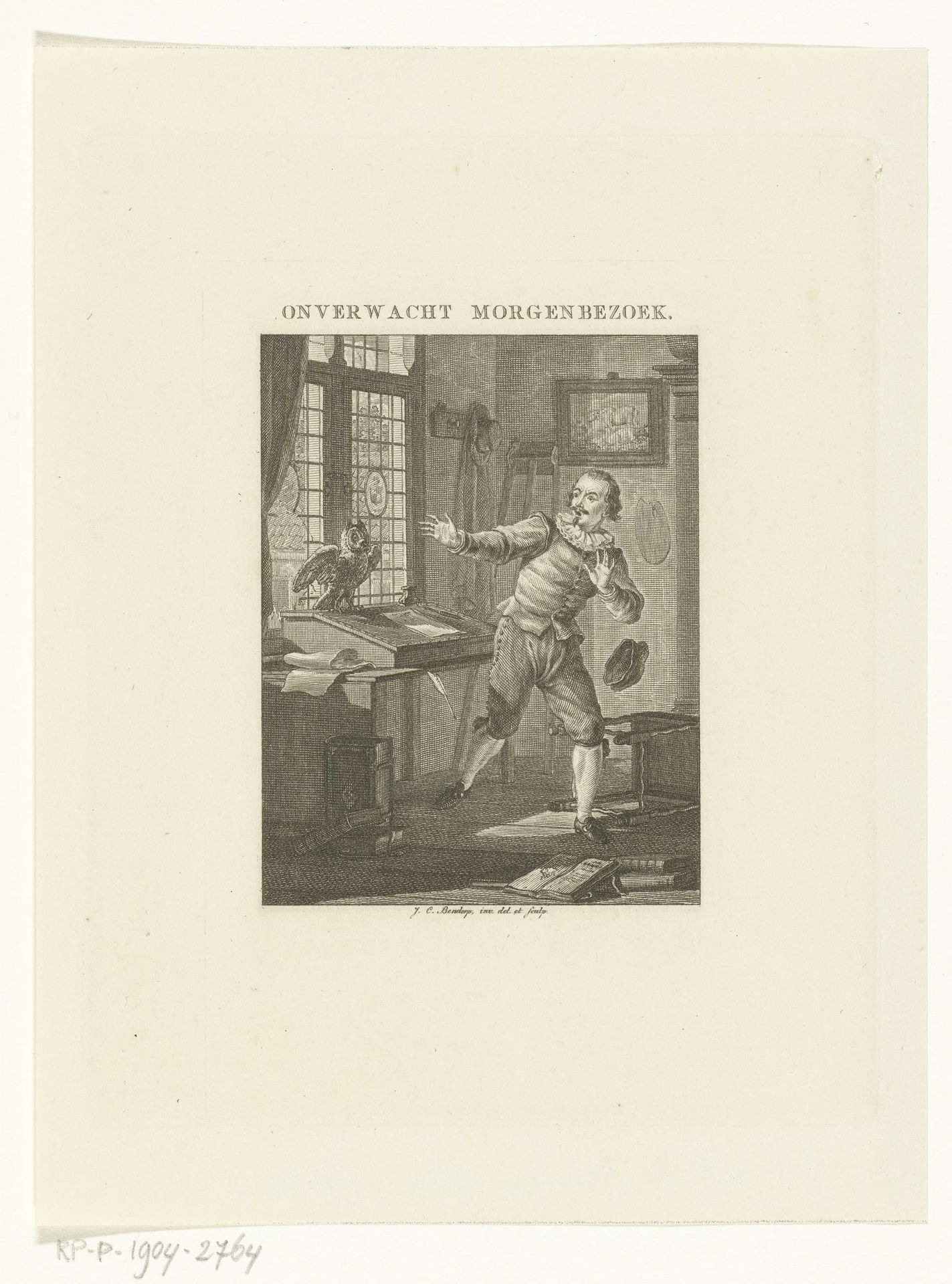 Man bij lessenaar schrikt van uil die binnen vliegt by Johannes Christiaan Bendorp