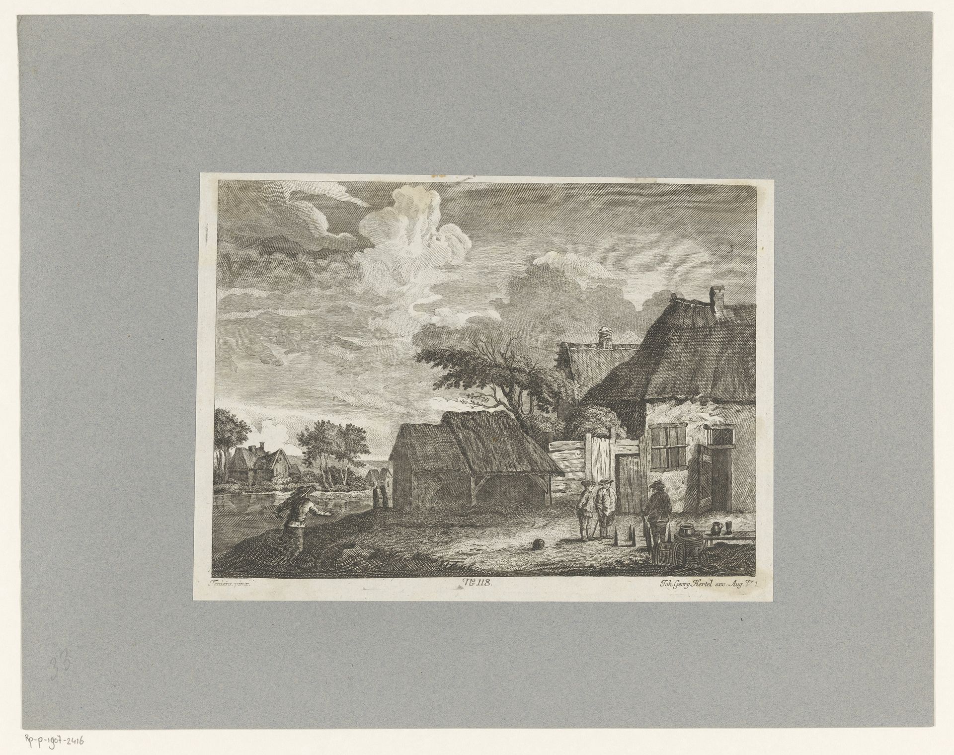 Vier kegelende mannen in een dorp by Johann Georg Hertel