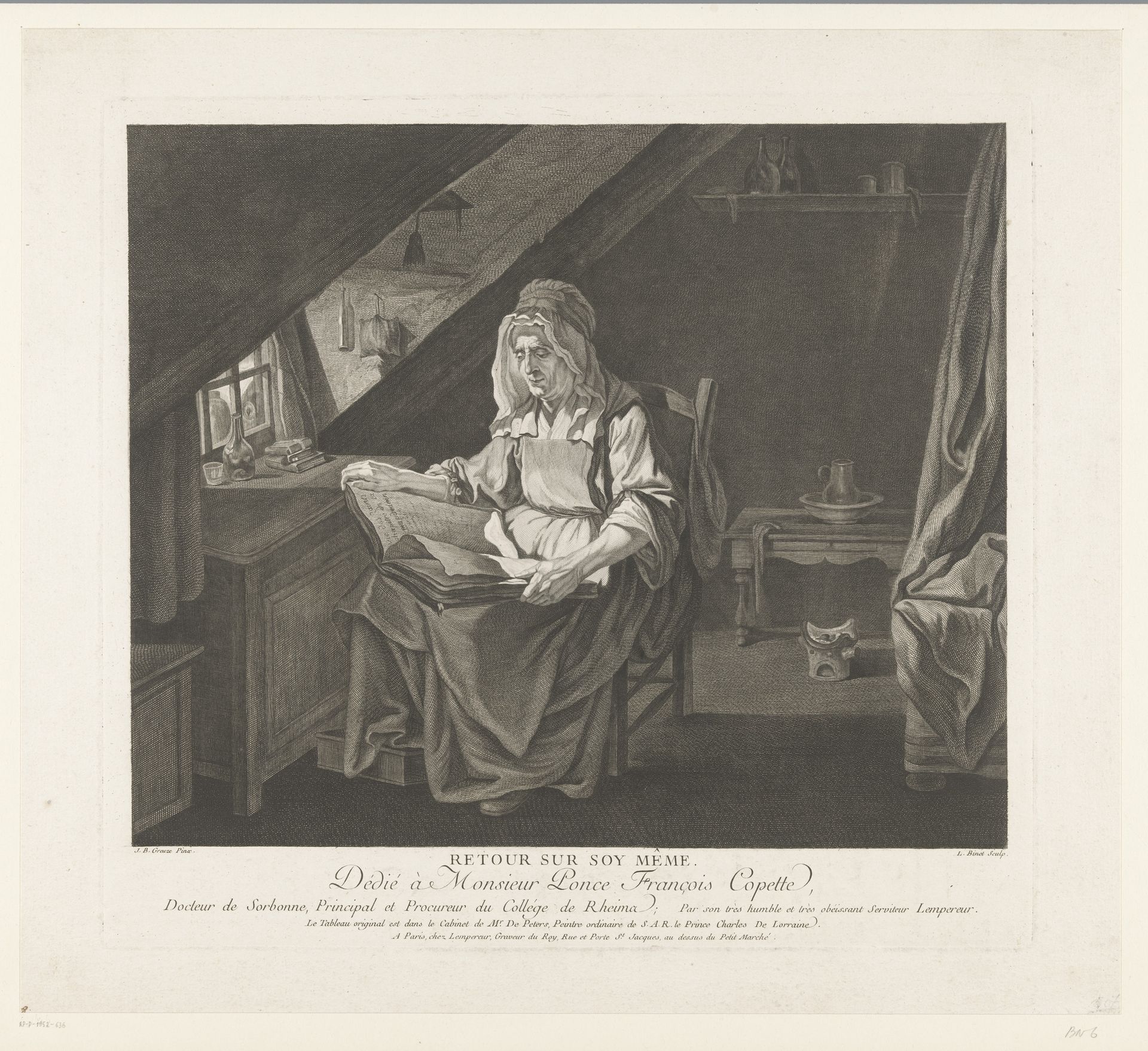 Lezende oude vrouw op een zolderkamer by Louis Binet