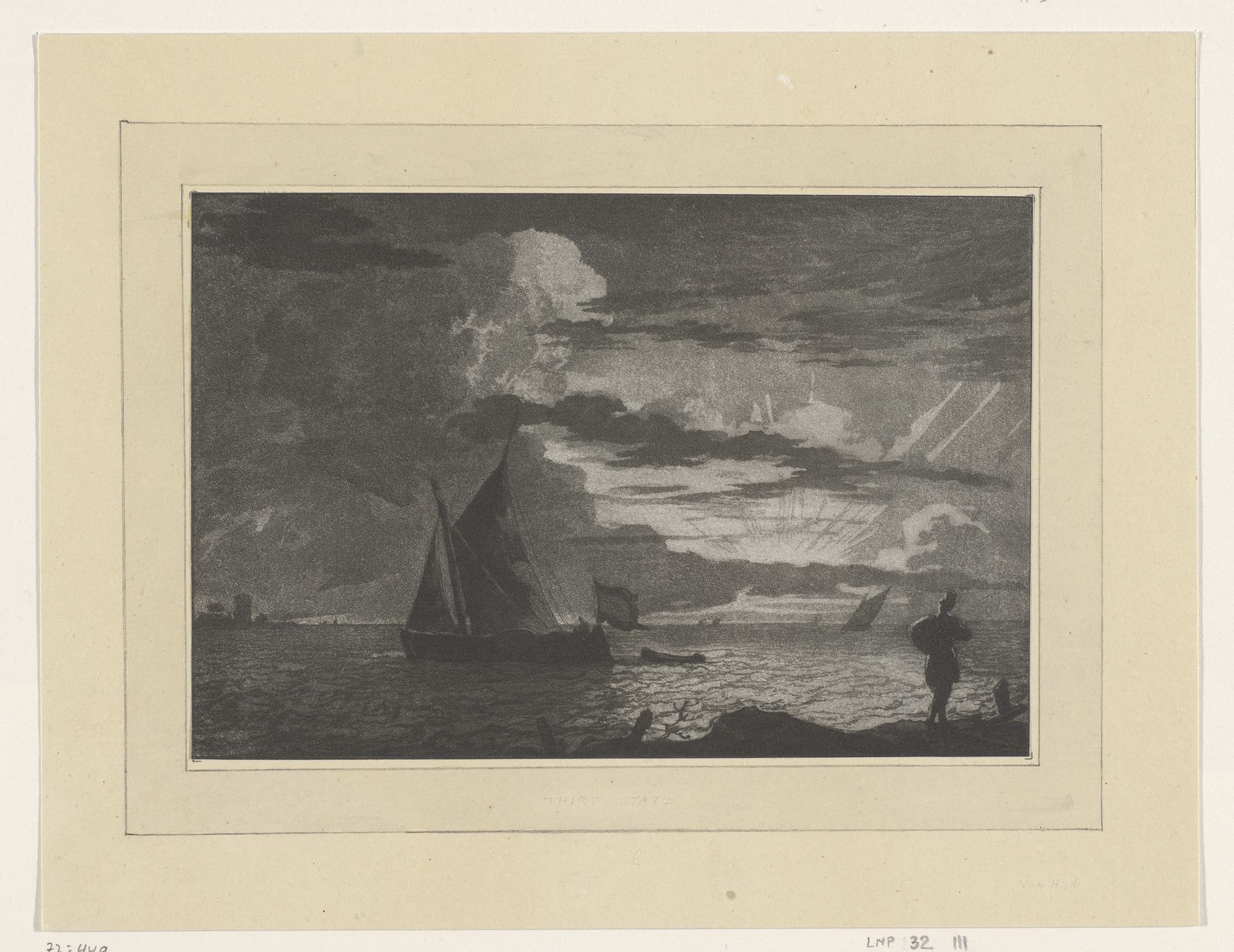 Man met zak op de schouder bij zonsopgang by Cornelis Brouwer
