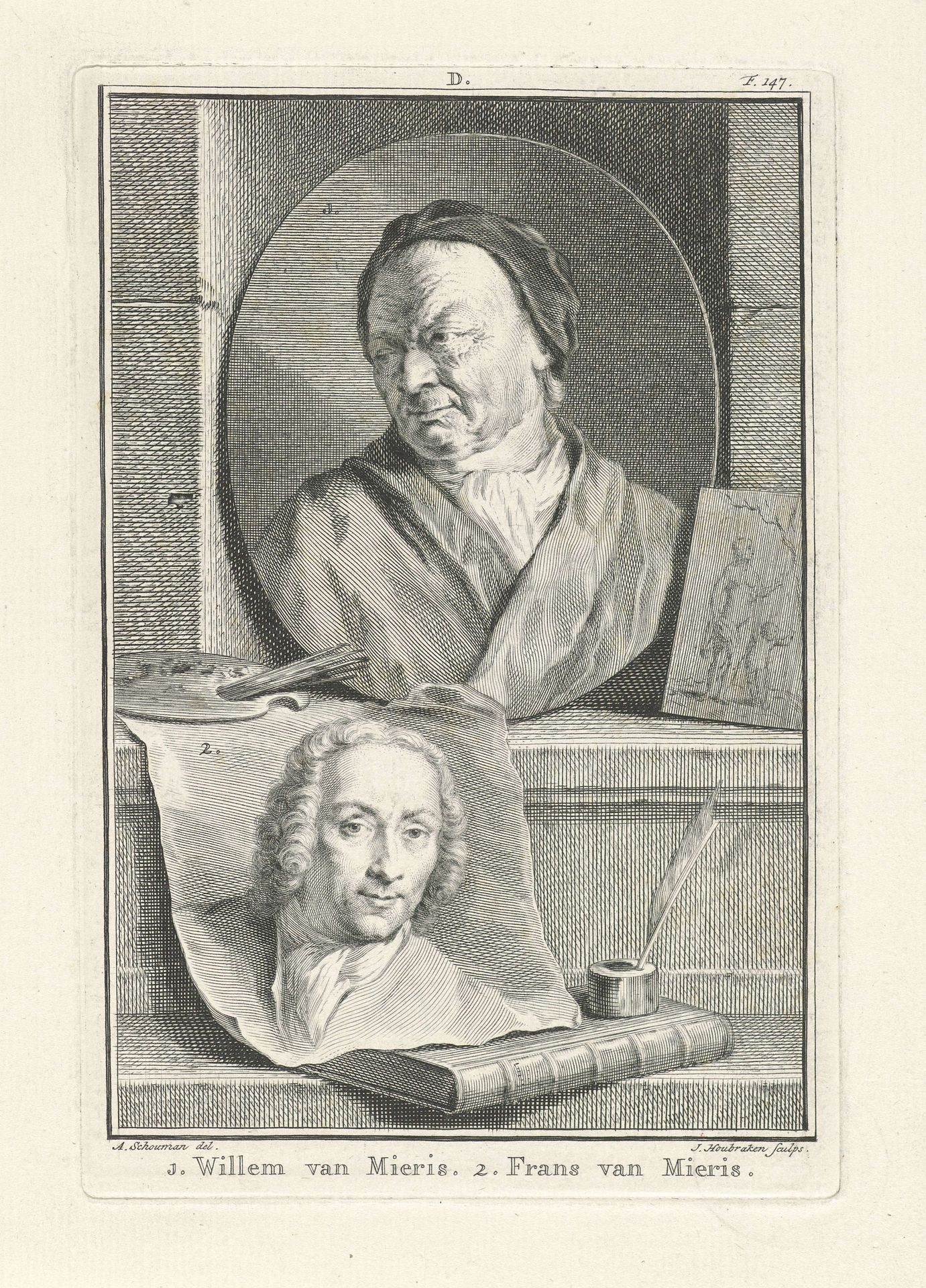 Portret van Willem en Frans van Mieris by Jacob Houbraken