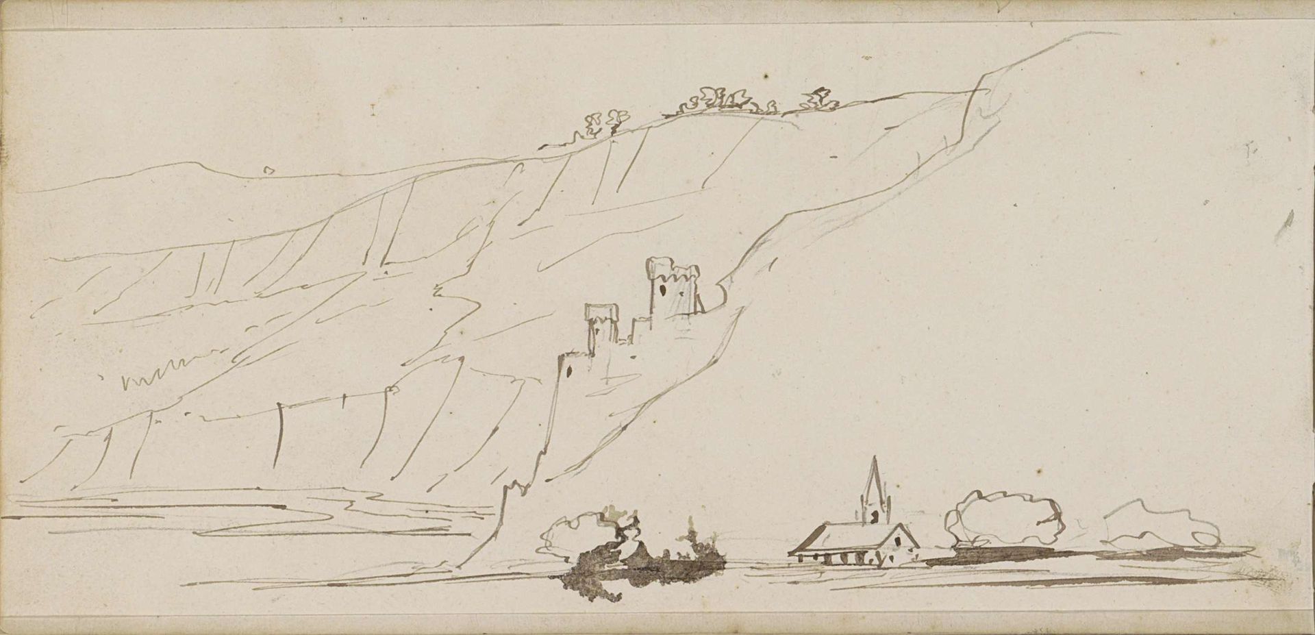 Berglandschap met een kasteel aan een meer by Johannes Tavenraat