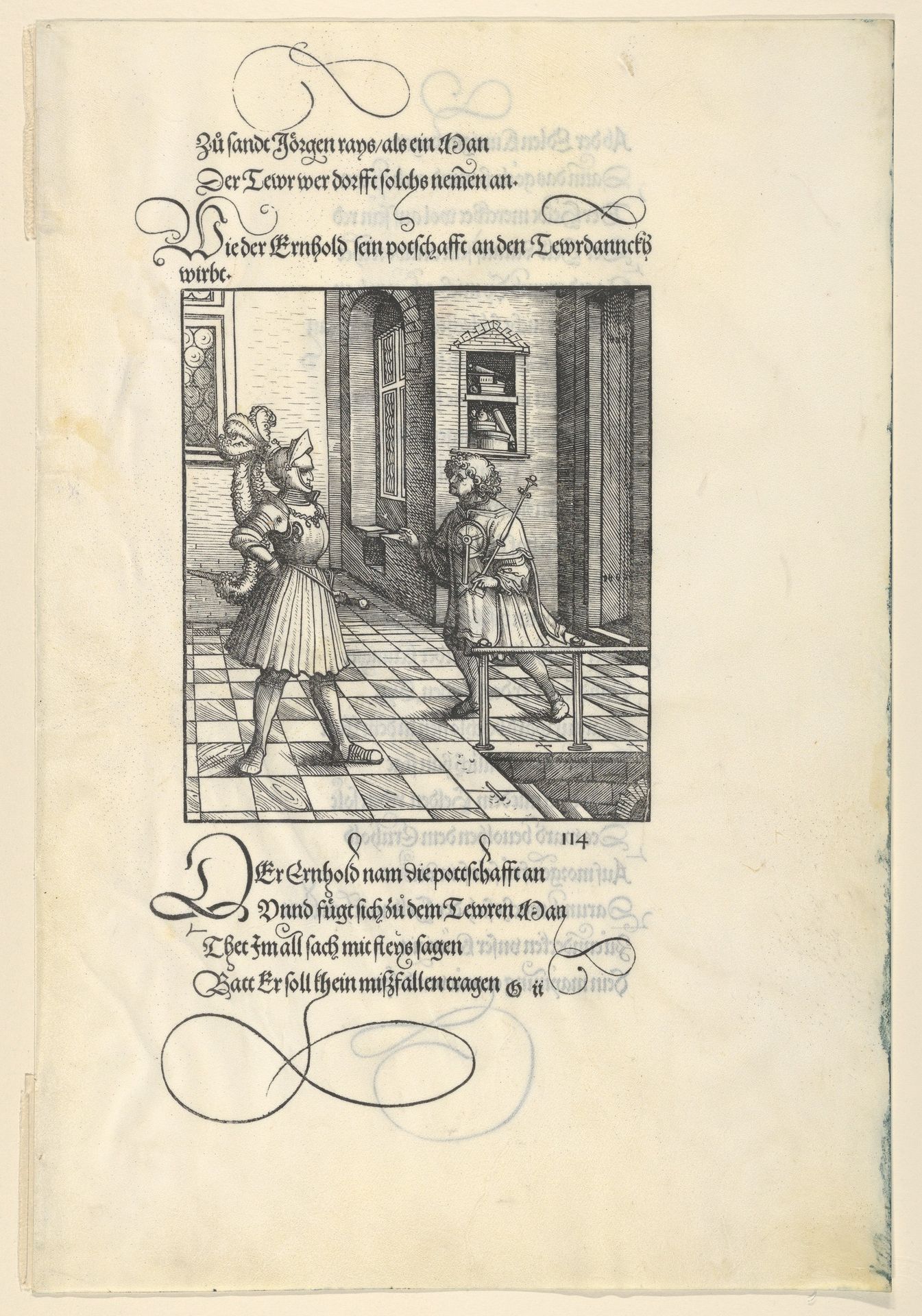 Ehrenhold Delivering Ehrenreich's Message to Theuerdank, from [Theuerdank] Die geuerlicheiten vnd einsteils der geschichten des loblichen streytparen vnd hochberümbten helds vnd Ritters herr Tewrdannckhs by Hans Burgkmair