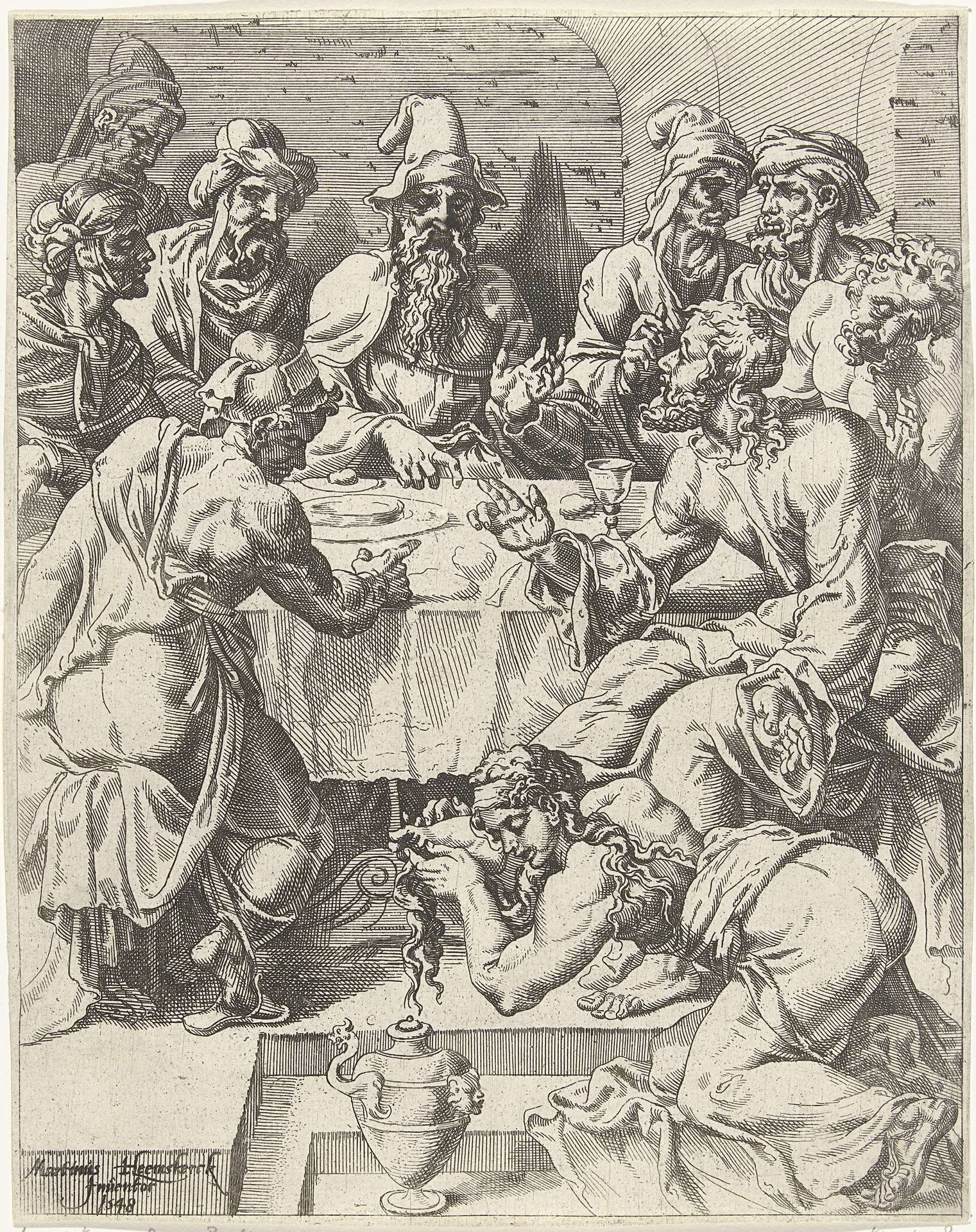 Maria Magdalena wast de voeten van Christus by Dirck Volckertsz Coornhert