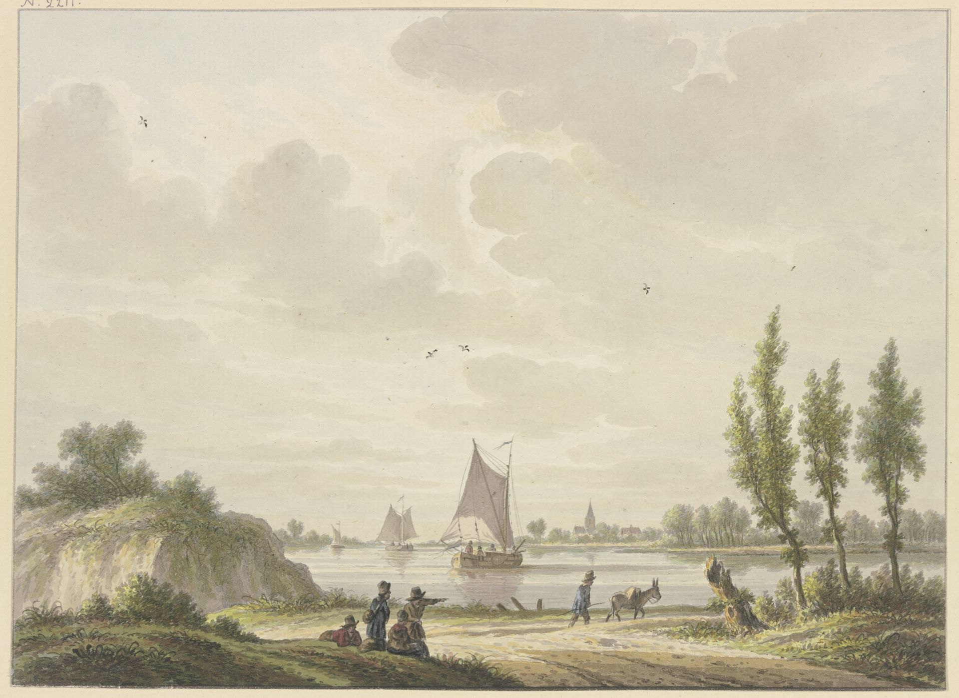 Auf einem Fluss segeln drei Barken, vorne auf dem Weg ein Mann mit einem Esel, weiter links vier Figuren by Nicolaas Wicart