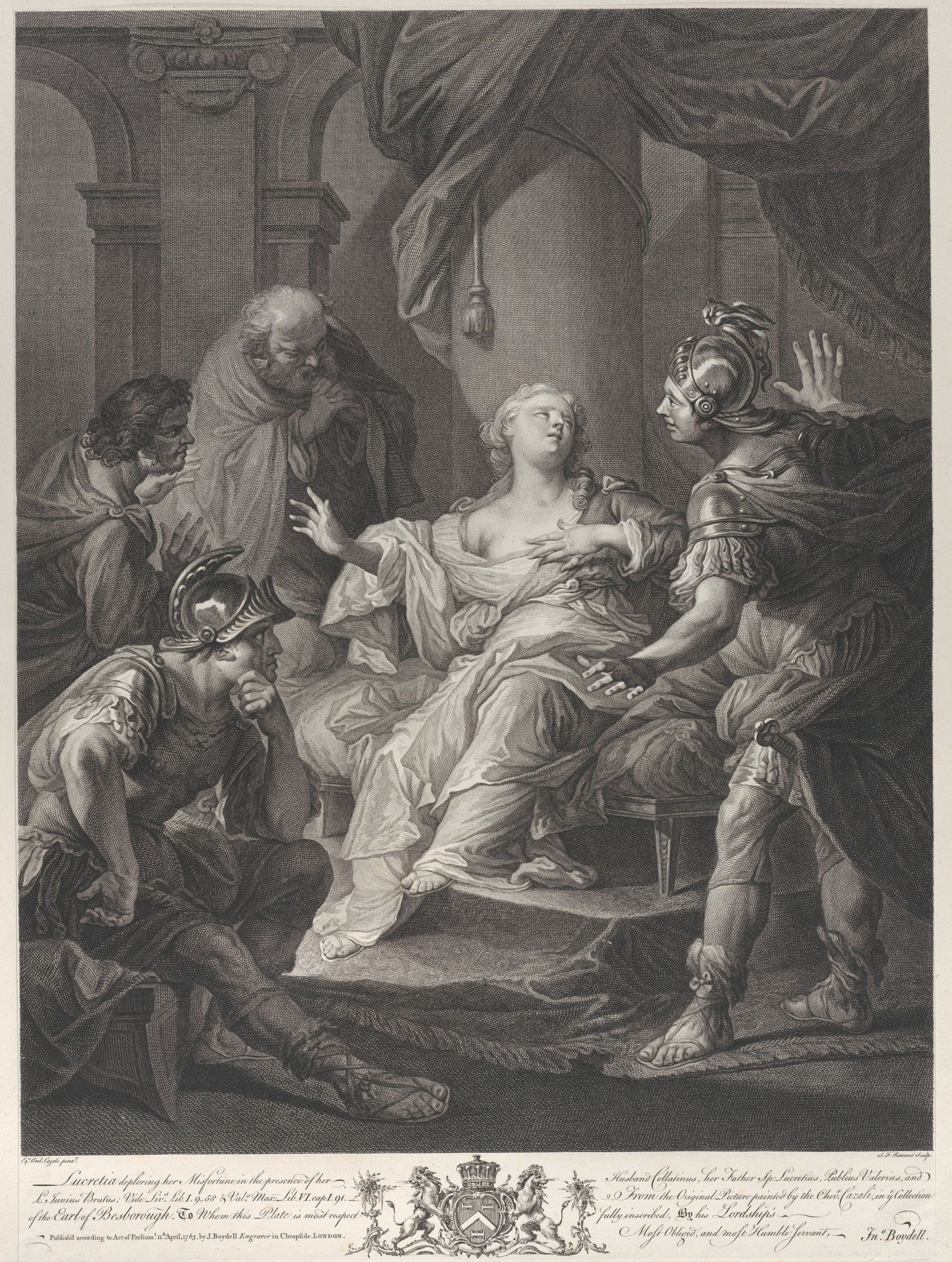 Lucretia deploring her misfortune to her husband Collatinus, her father, Publius Valerius, and Junius Brutus by Simon Francis Ravenet, the elder